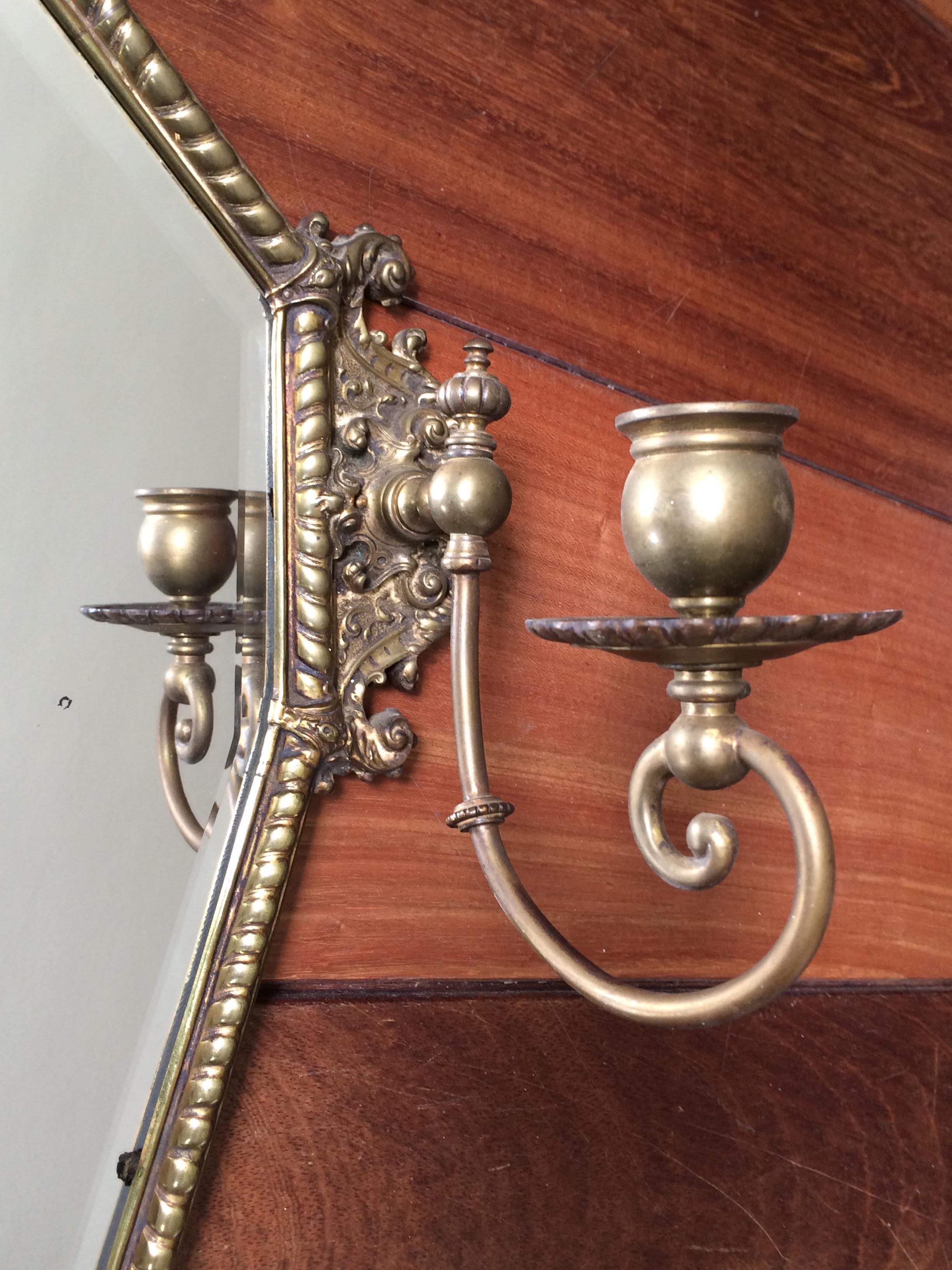 Antique Bronze and Brass Renaissance Revival Wall Mirror, Candleholders, Angel 2