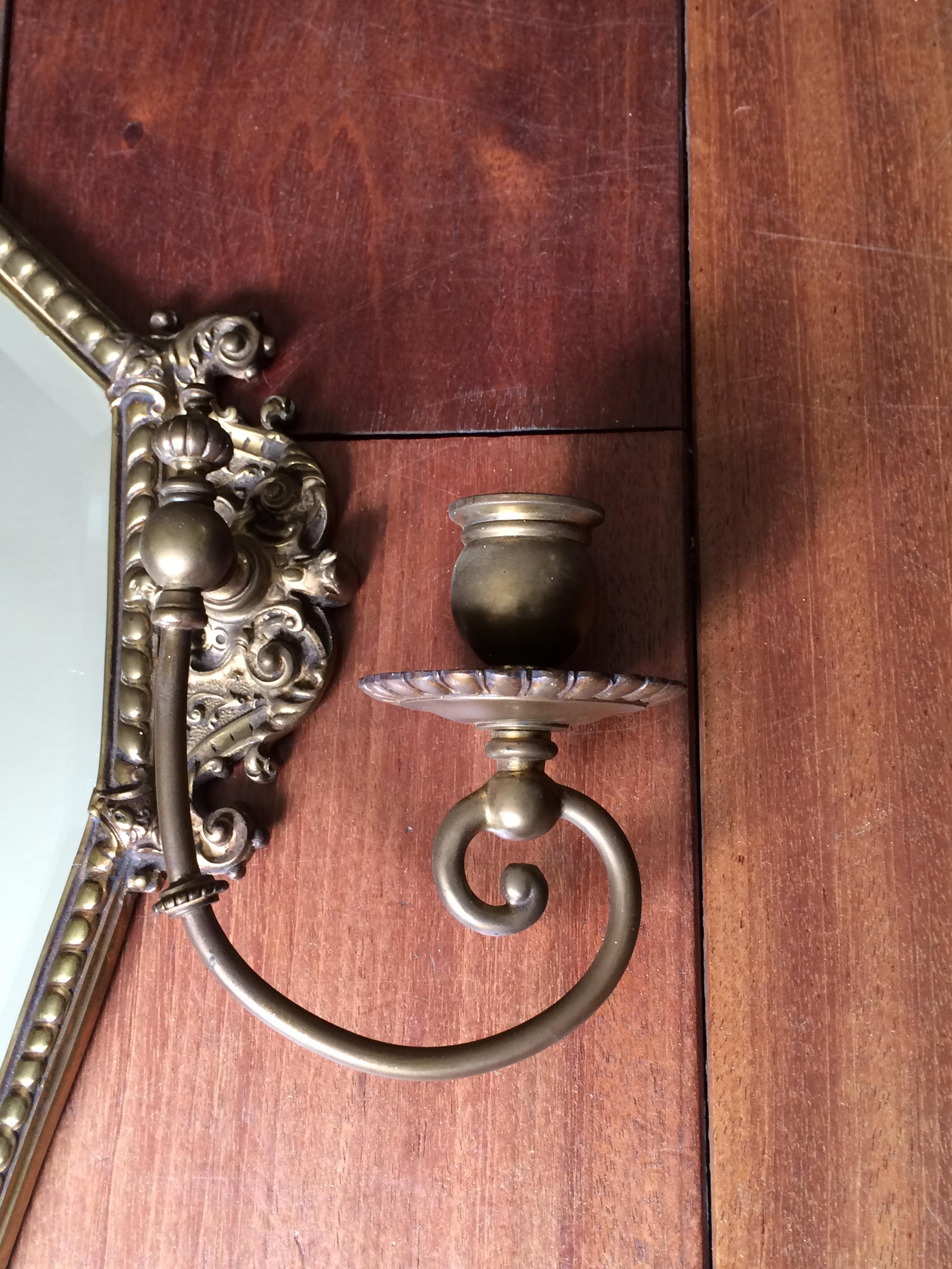 Antique Bronze and Brass Renaissance Revival Wall Mirror, Candleholders, Angel 3