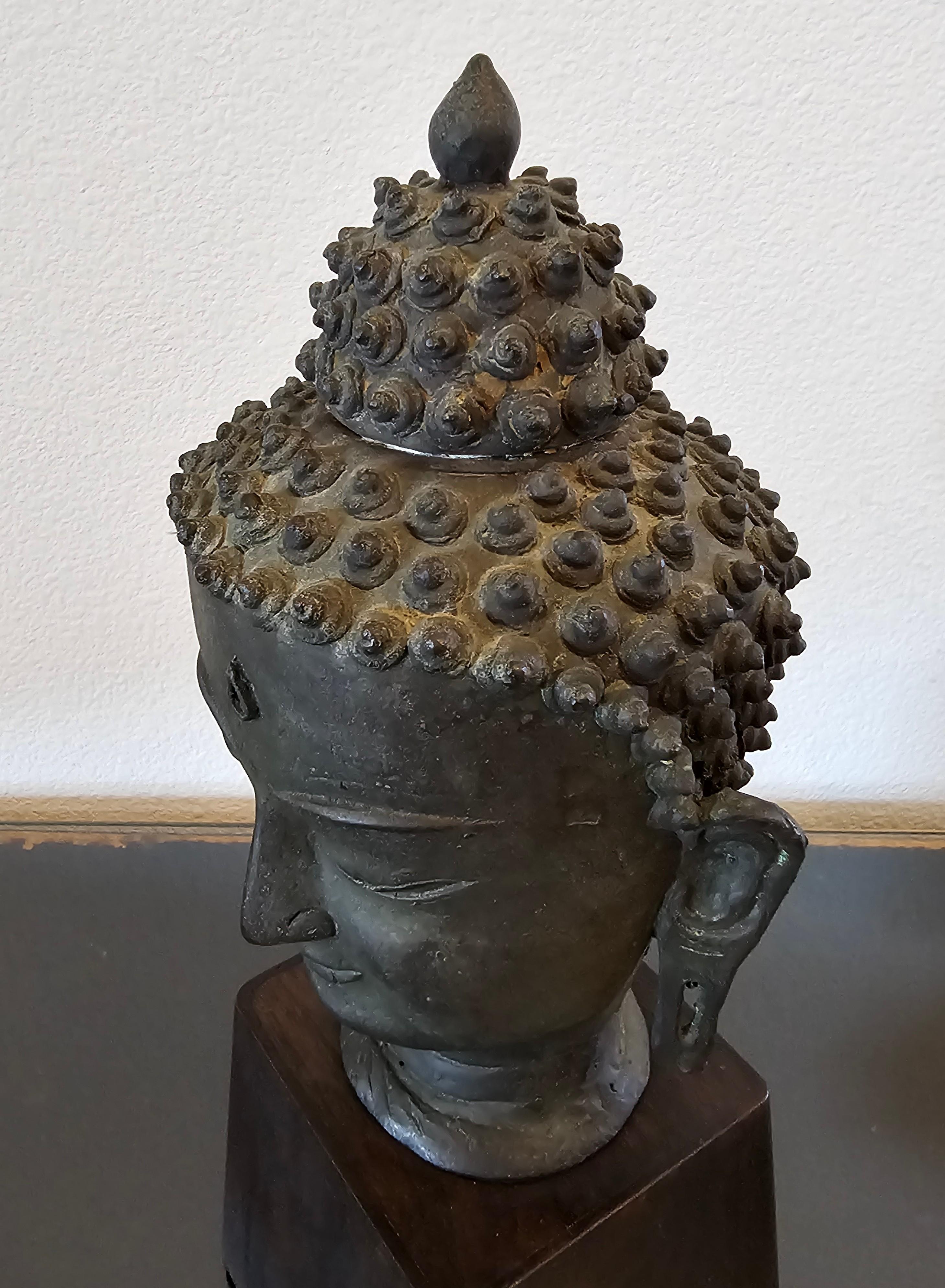 Antique Bronze Buddha Head on Wood Stand 4