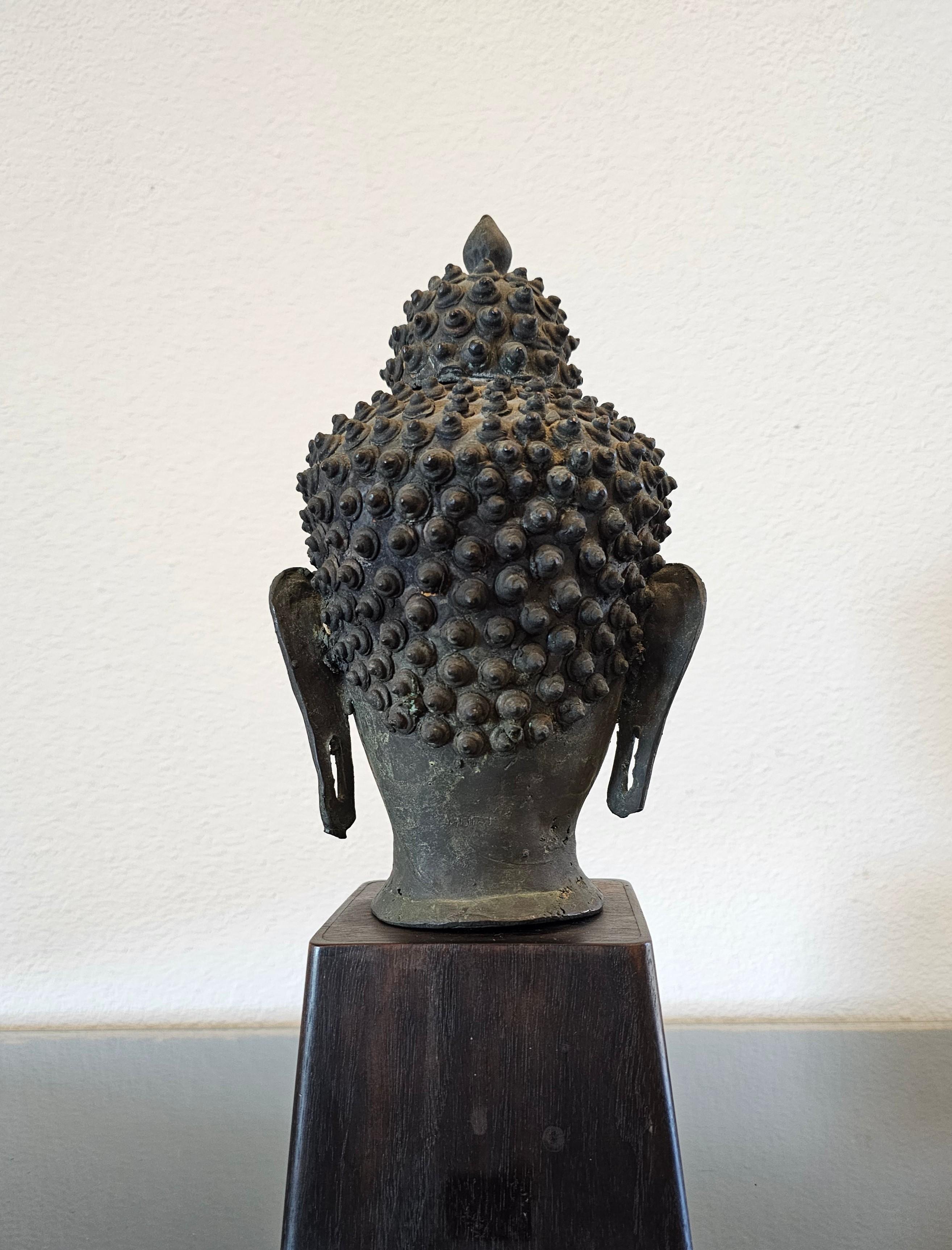 Antique Bronze Buddha Head on Wood Stand 5