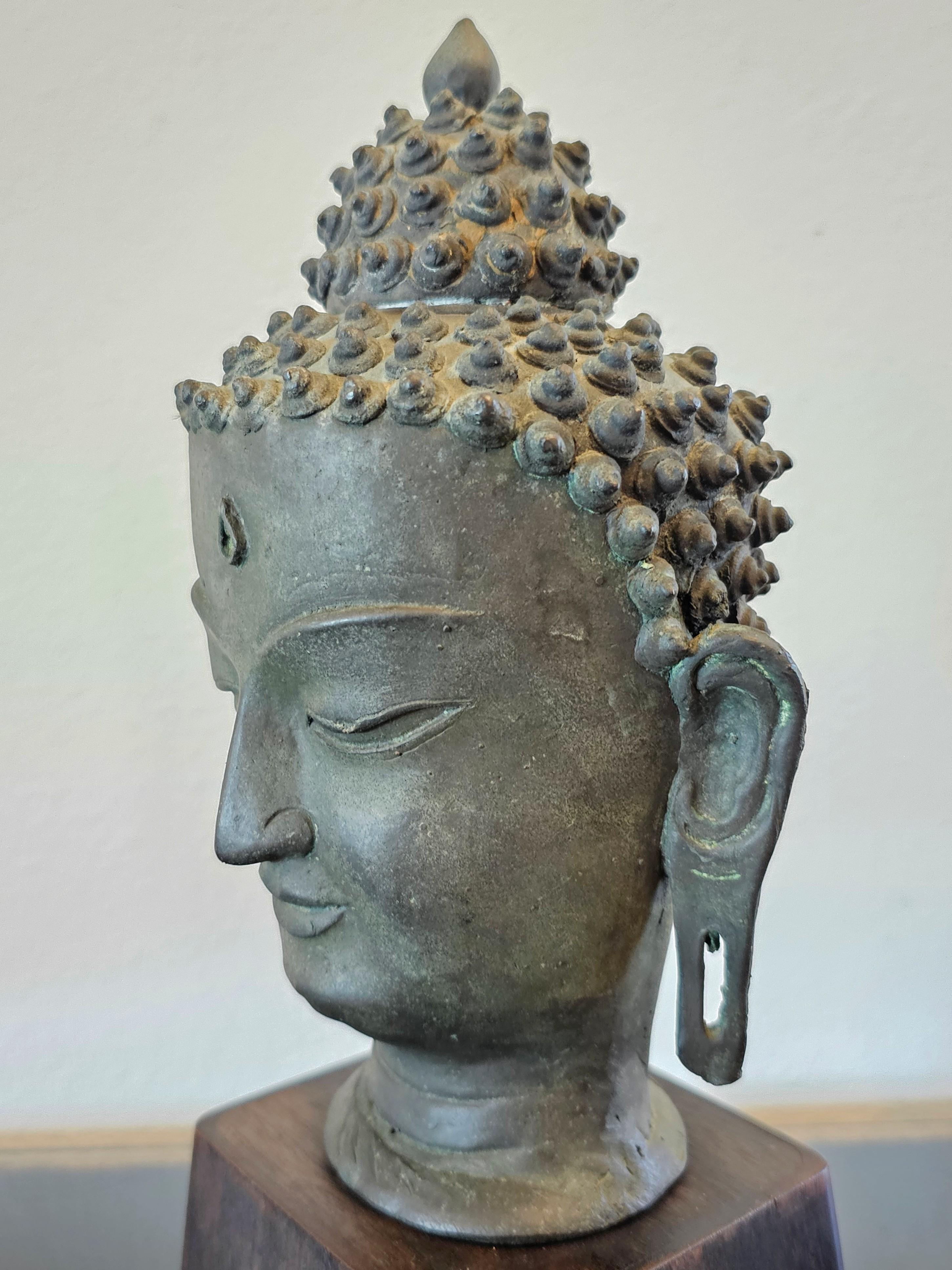 Antique Bronze Buddha Head on Wood Stand 6