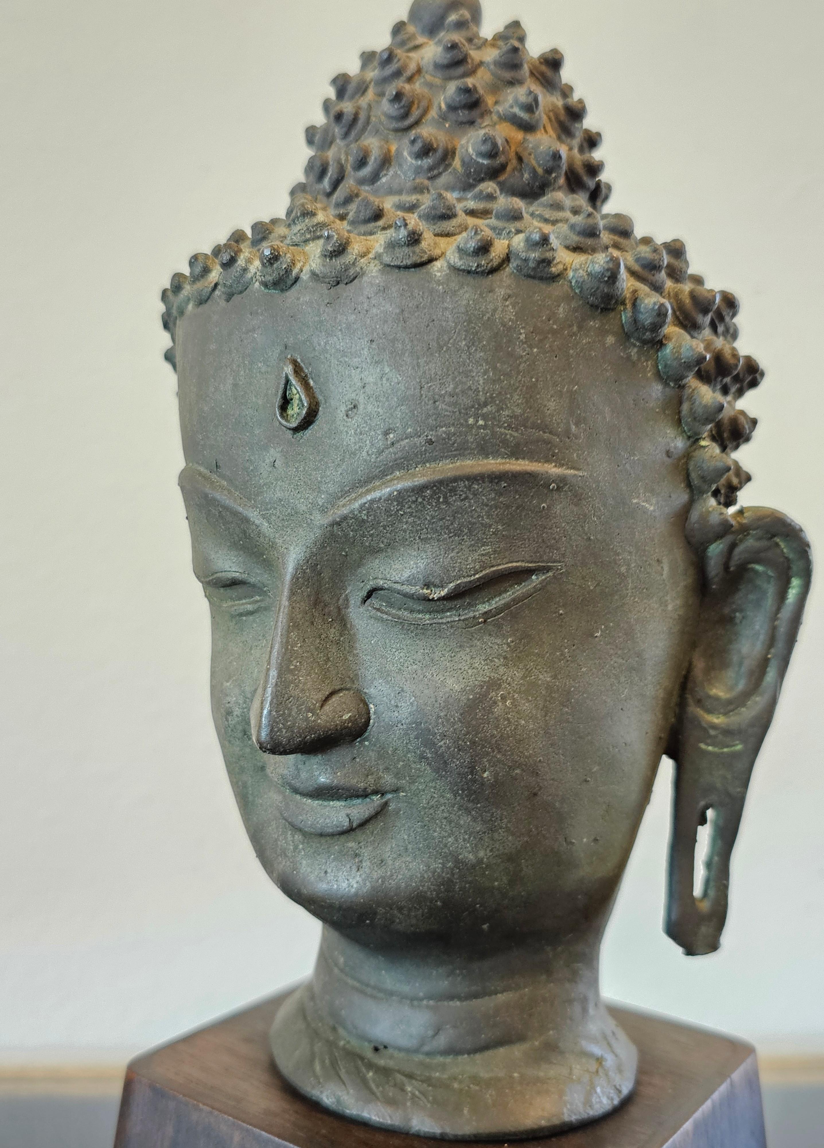 Antique Bronze Buddha Head on Wood Stand 7