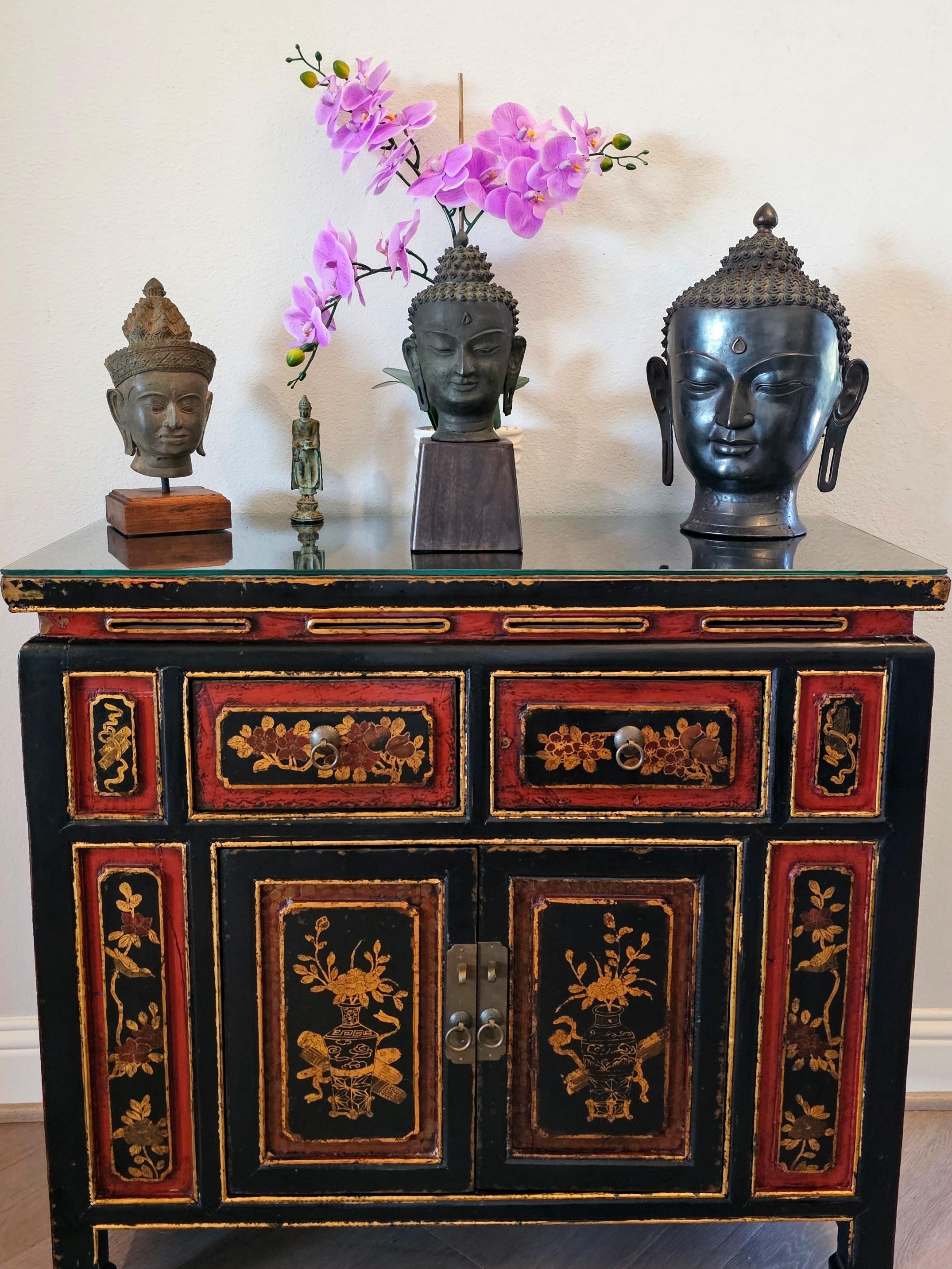 Antique Bronze Buddha Head on Wood Stand 10