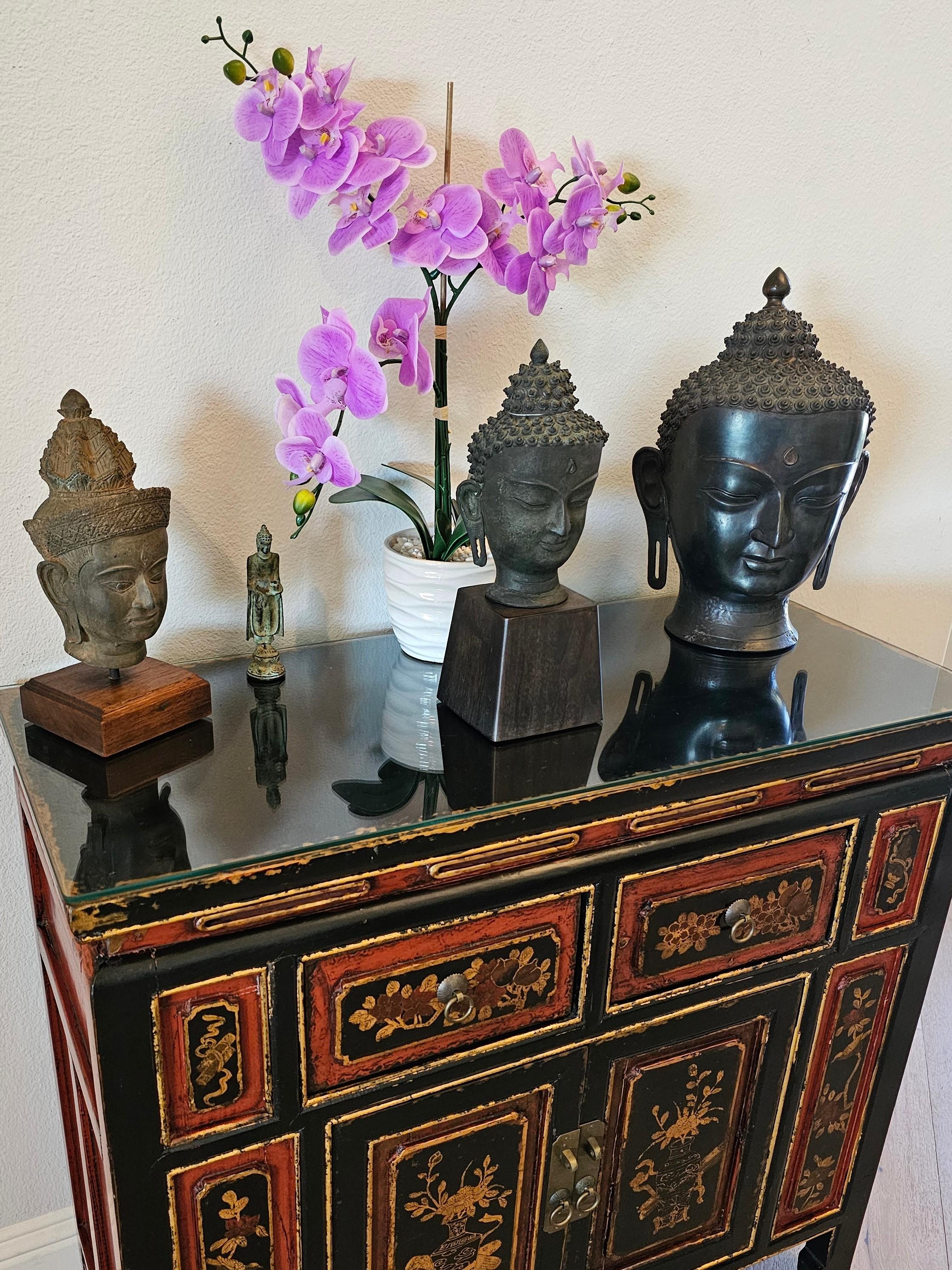 Antique Bronze Buddha Head on Wood Stand 11