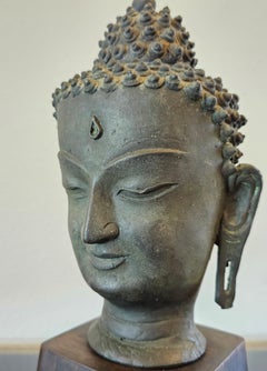 Antique Bronze Buddha Head on Wood Stand