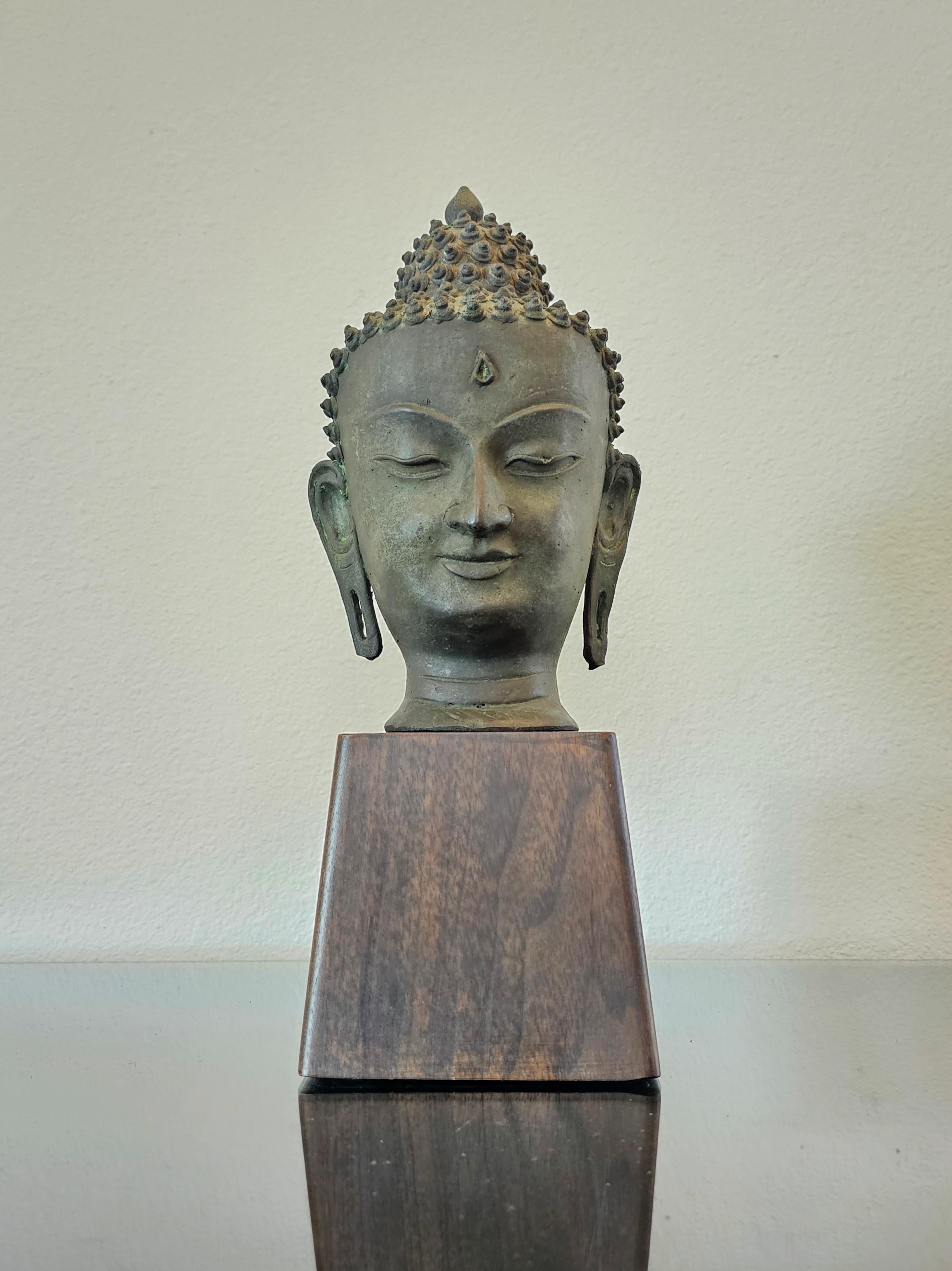 Tibetan Antique Bronze Buddha Head on Wood Stand
