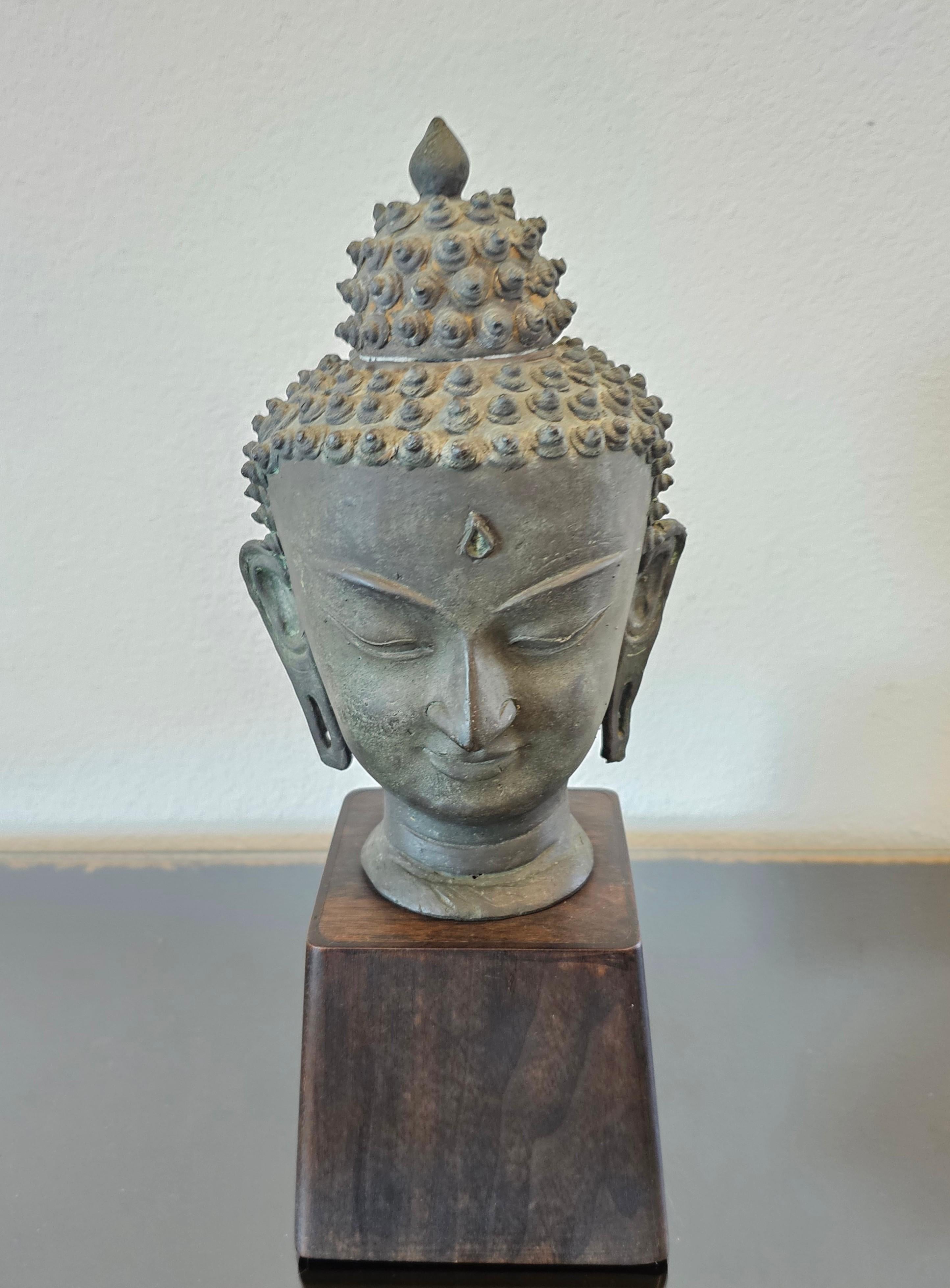Antique Bronze Buddha Head on Wood Stand In Good Condition In Forney, TX