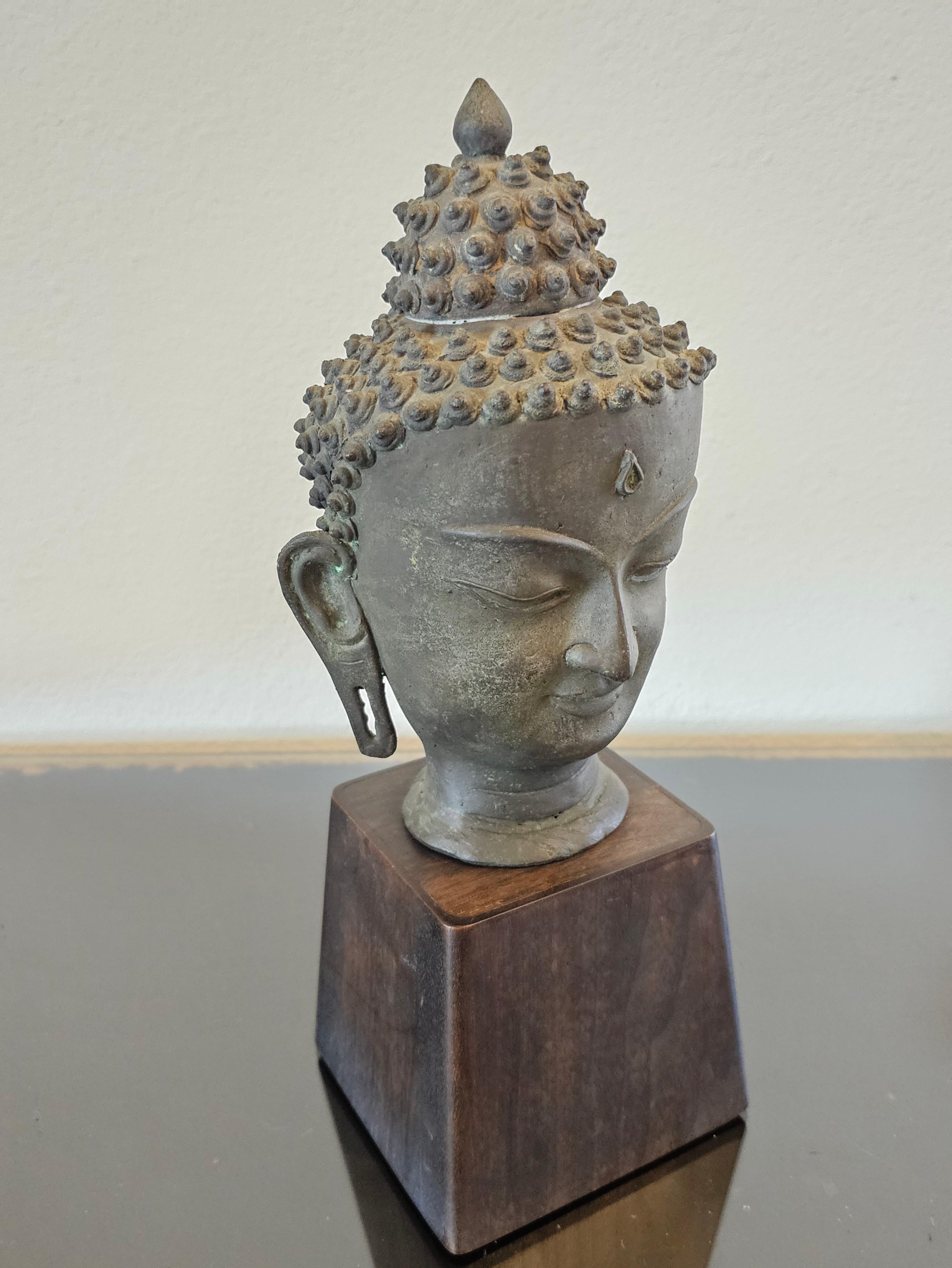 19th Century Antique Bronze Buddha Head on Wood Stand
