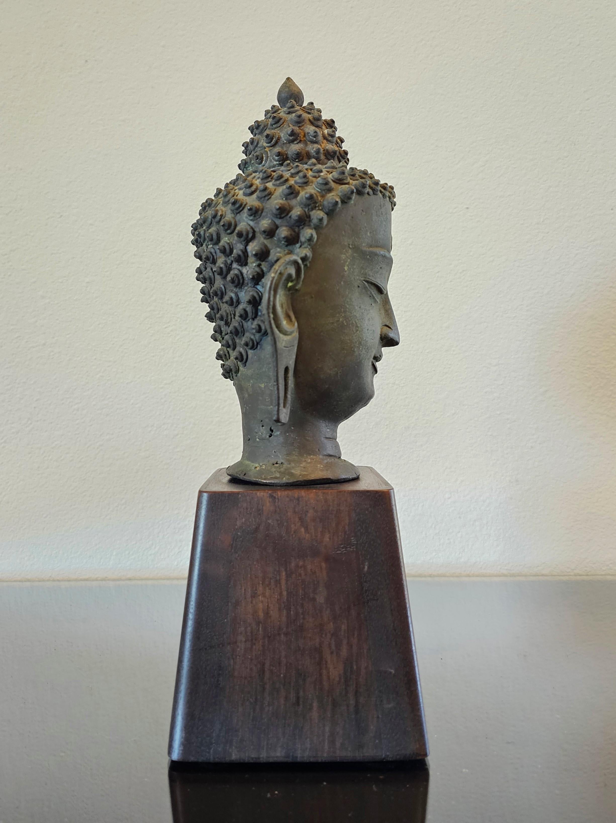 Antique Bronze Buddha Head on Wood Stand 1