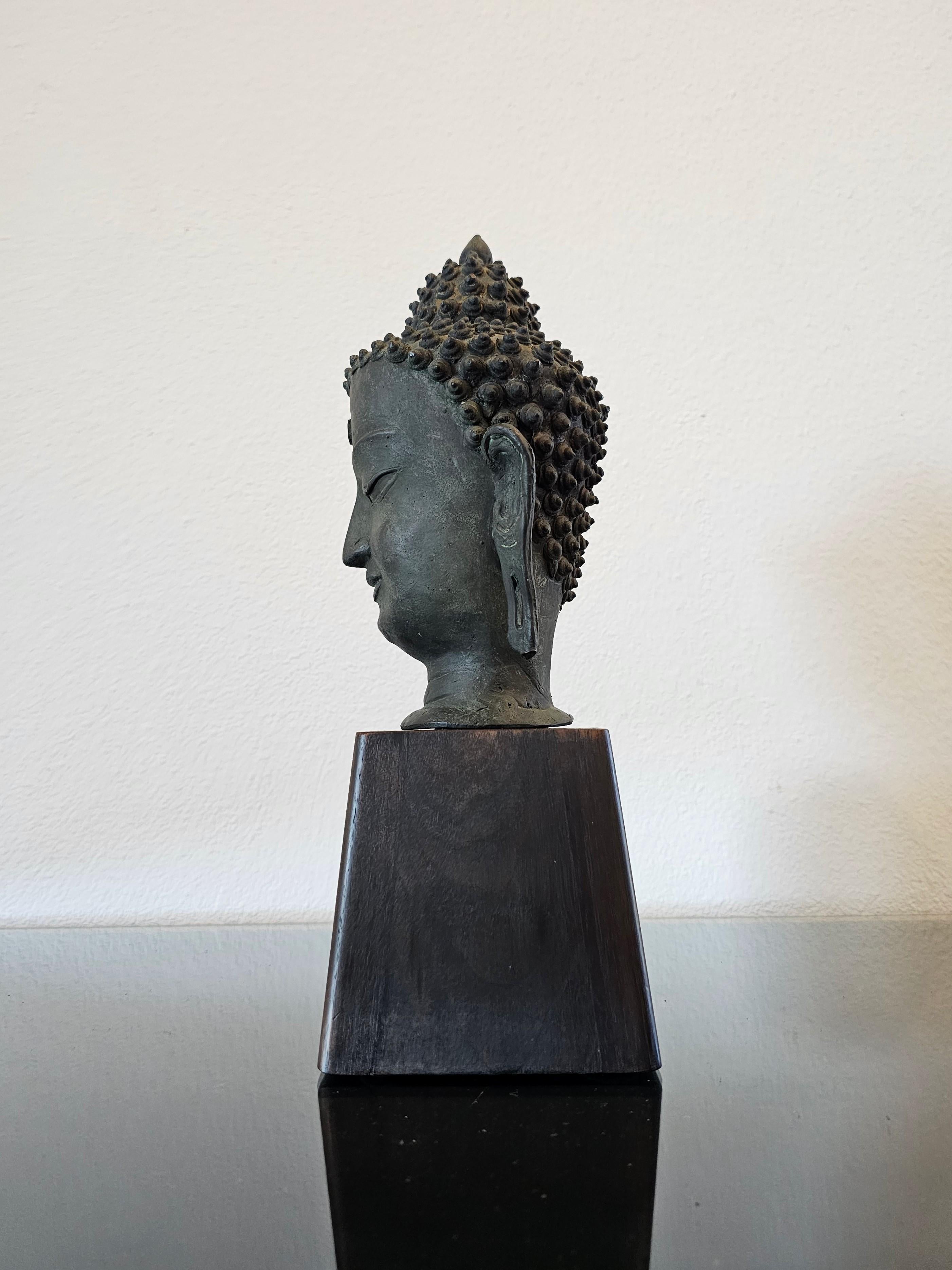 Antique Bronze Buddha Head on Wood Stand 2