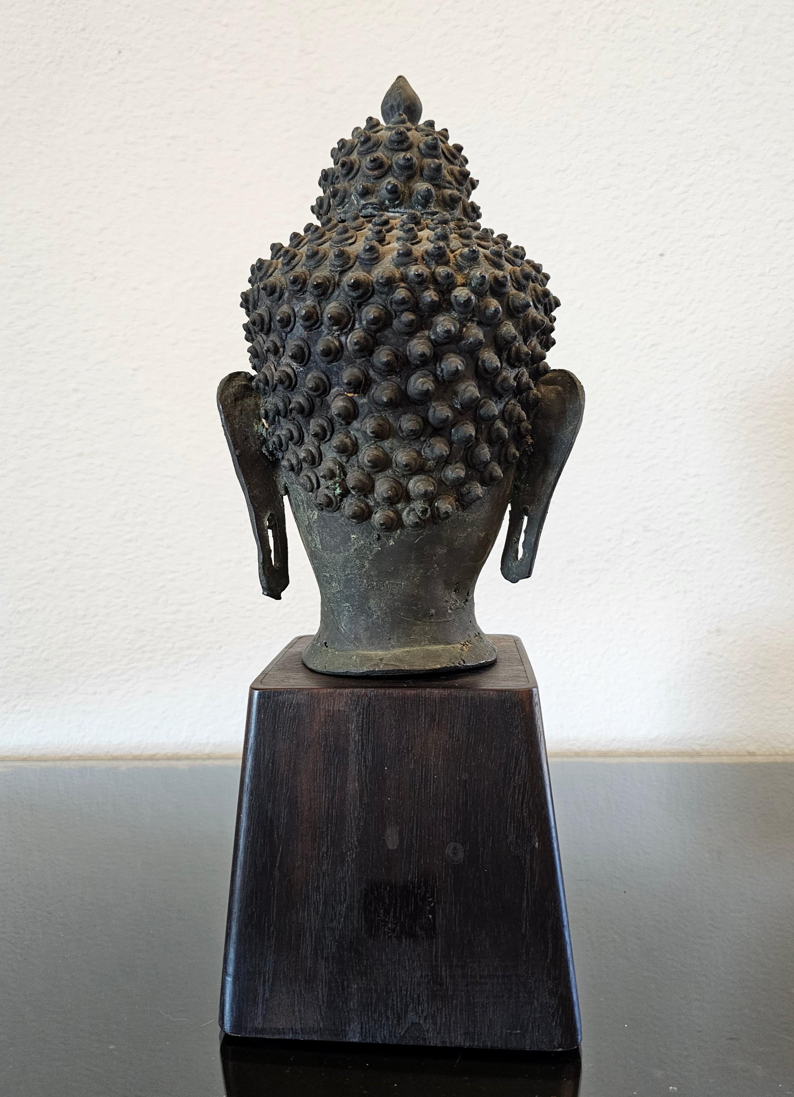 Antique Bronze Buddha Head on Wood Stand 3