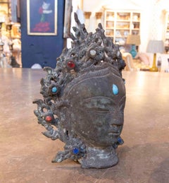 Antique Bronze Buddha Head Sculpture with Openwork Crown, 1930