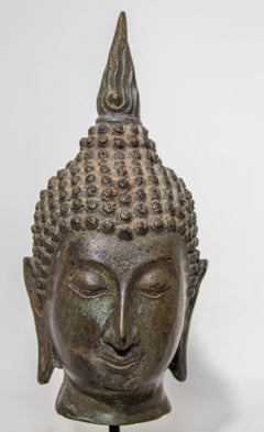 Antique Bronze Buddha Head Sculpture with Verdigris on Stand 19th C.