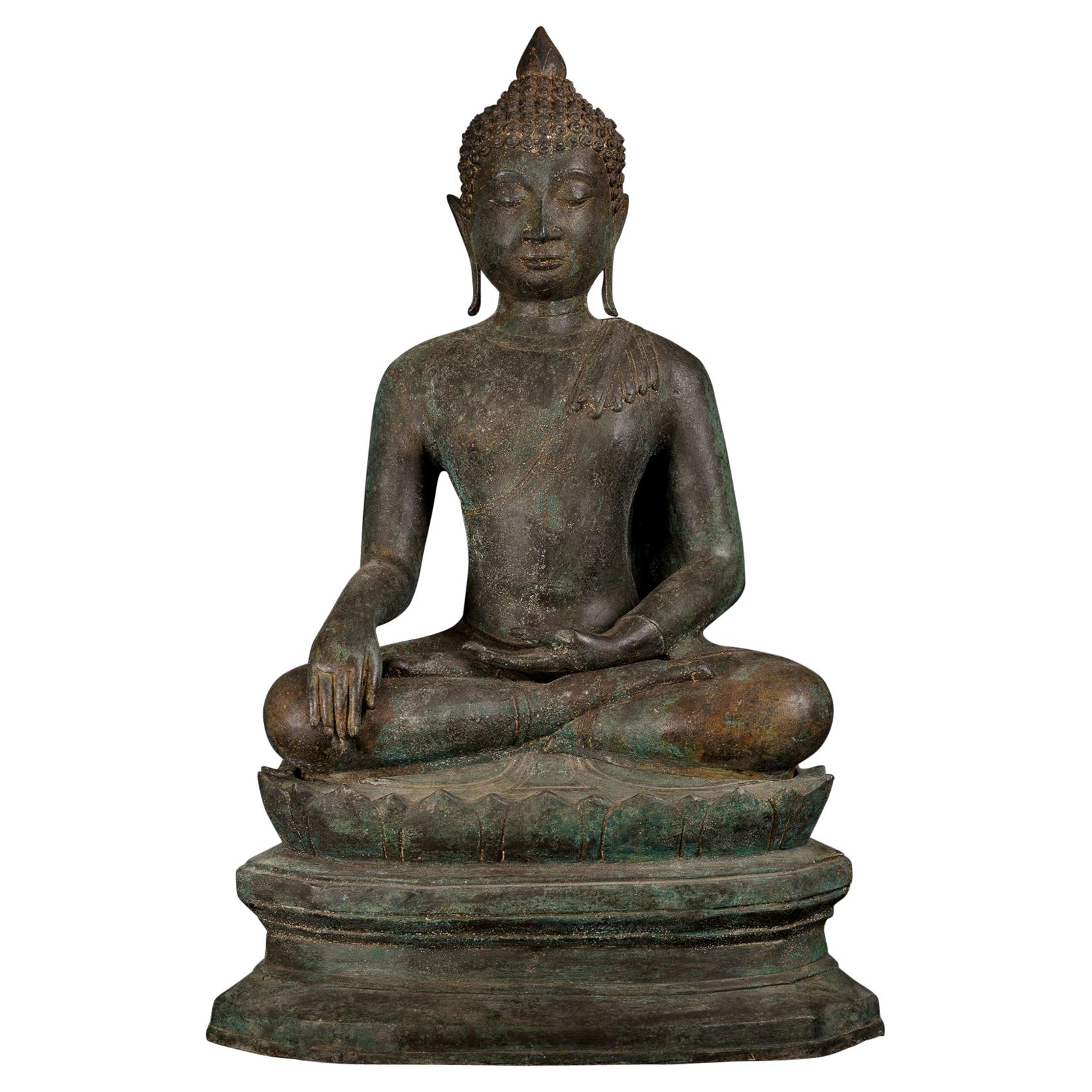 Antique Bronze Buddha of Enlightenment Serene Down Cast Eyes, 18th Century