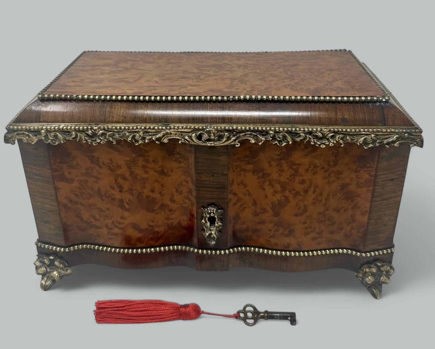 Francese Antique Bronze Burl Walnut French Jewelry Sewing Casket Silk Lined Interior 19C in vendita
