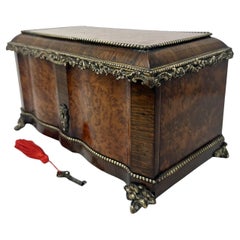 Antique Bronze Burl Walnut French Jewelry Sewing Casket Silk Lined Interior 19C