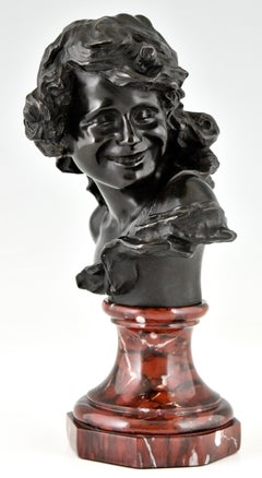 Antique Bronze Bust of a Smiling Child by Injalbert Foundry Mark Siot France 190