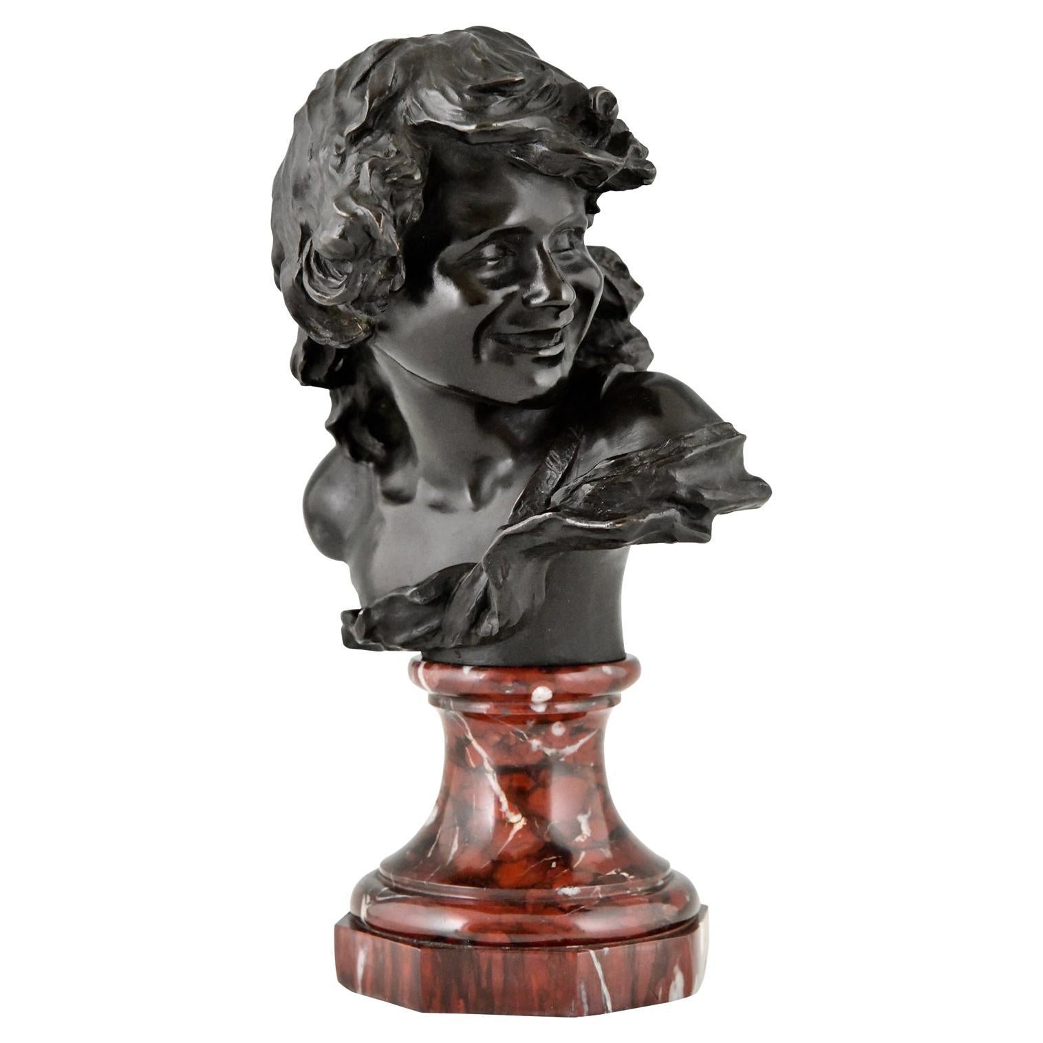 Antique Bronze Bust of a Smiling Child by Injalbert Foundry Mark Siot France 190 For Sale