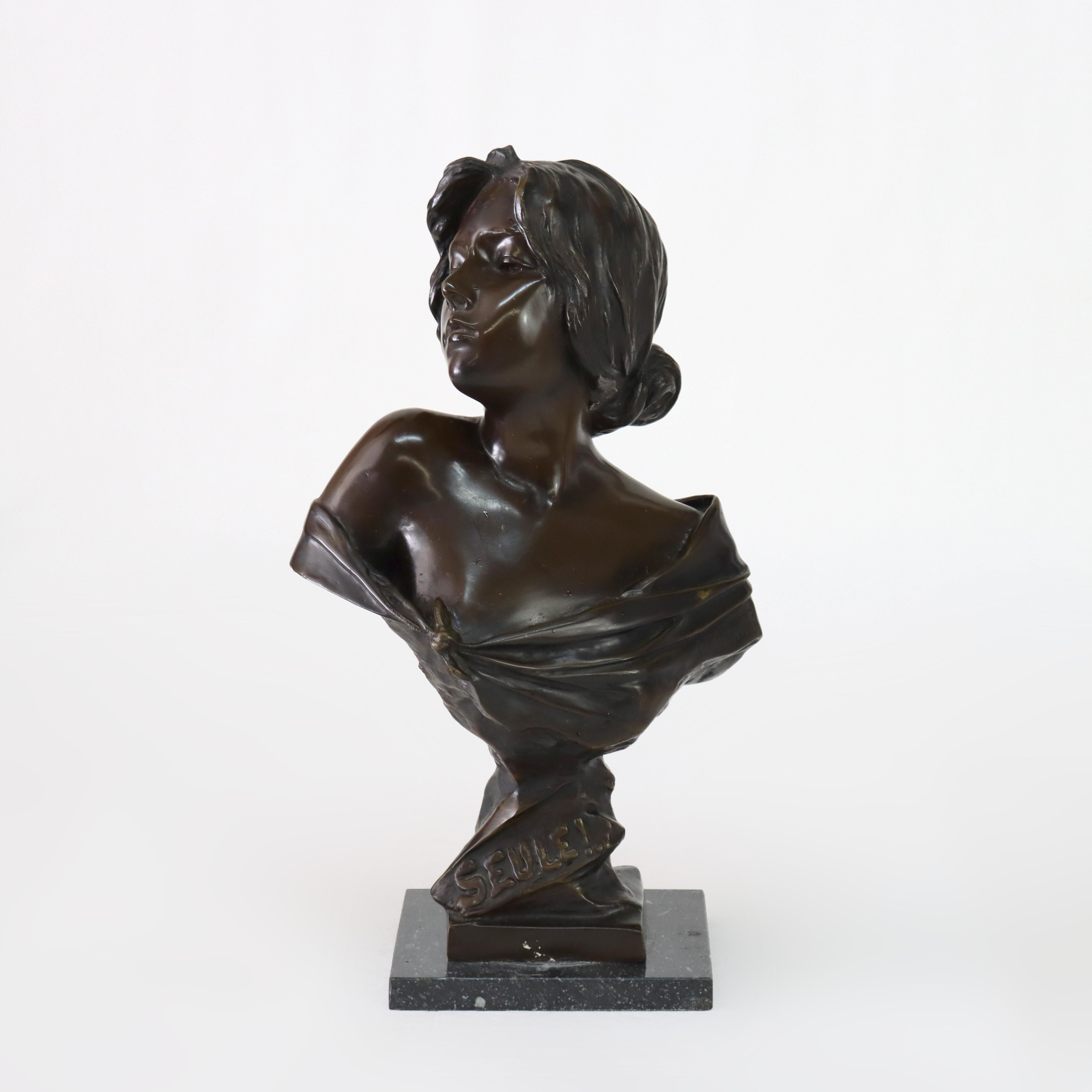 Art Nouveau Antique Bronze Bust of a Woman “Seule” by E. Villanis C1900 For Sale