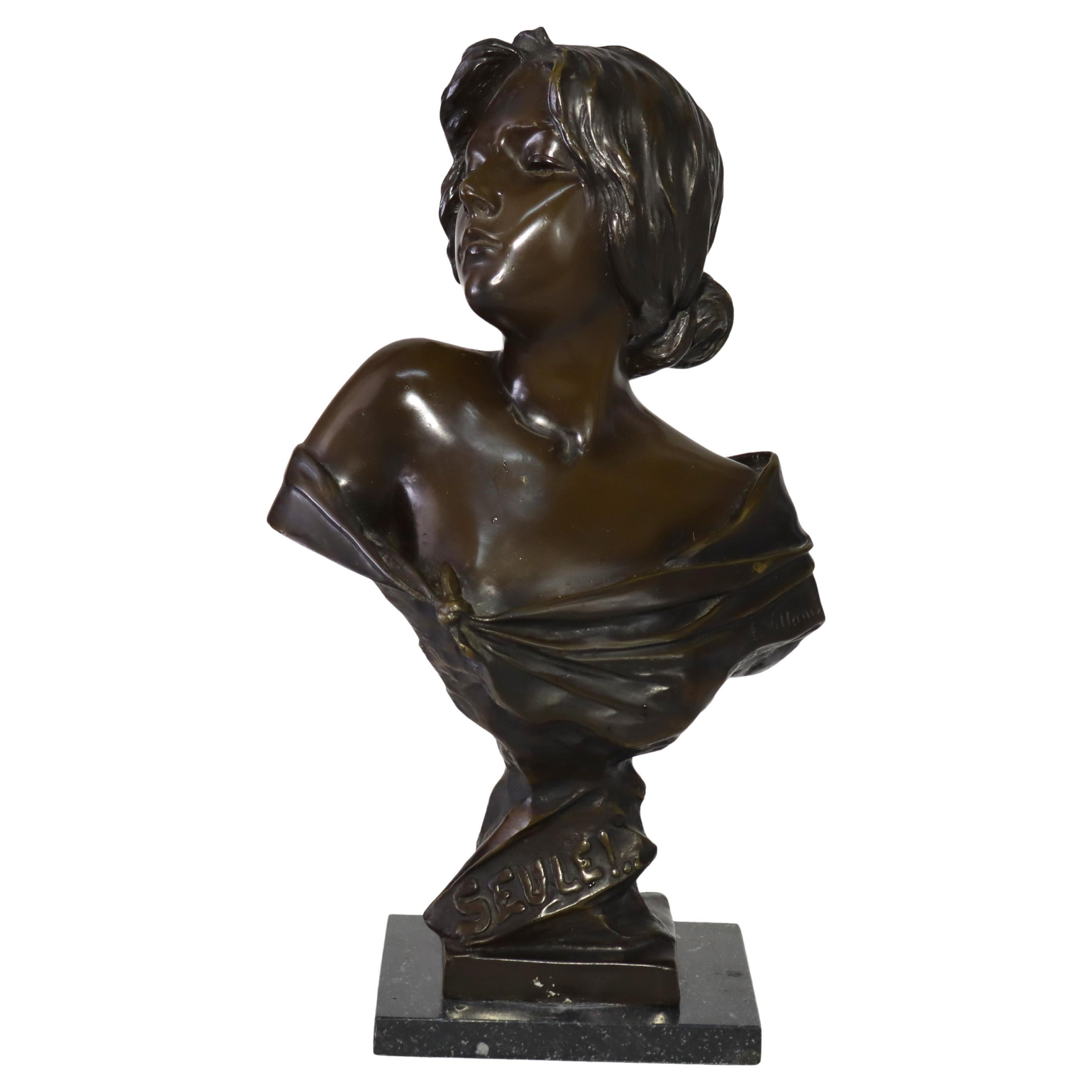 Antique Bronze Bust of a Woman “Seule” by E. Villanis C1900 For Sale