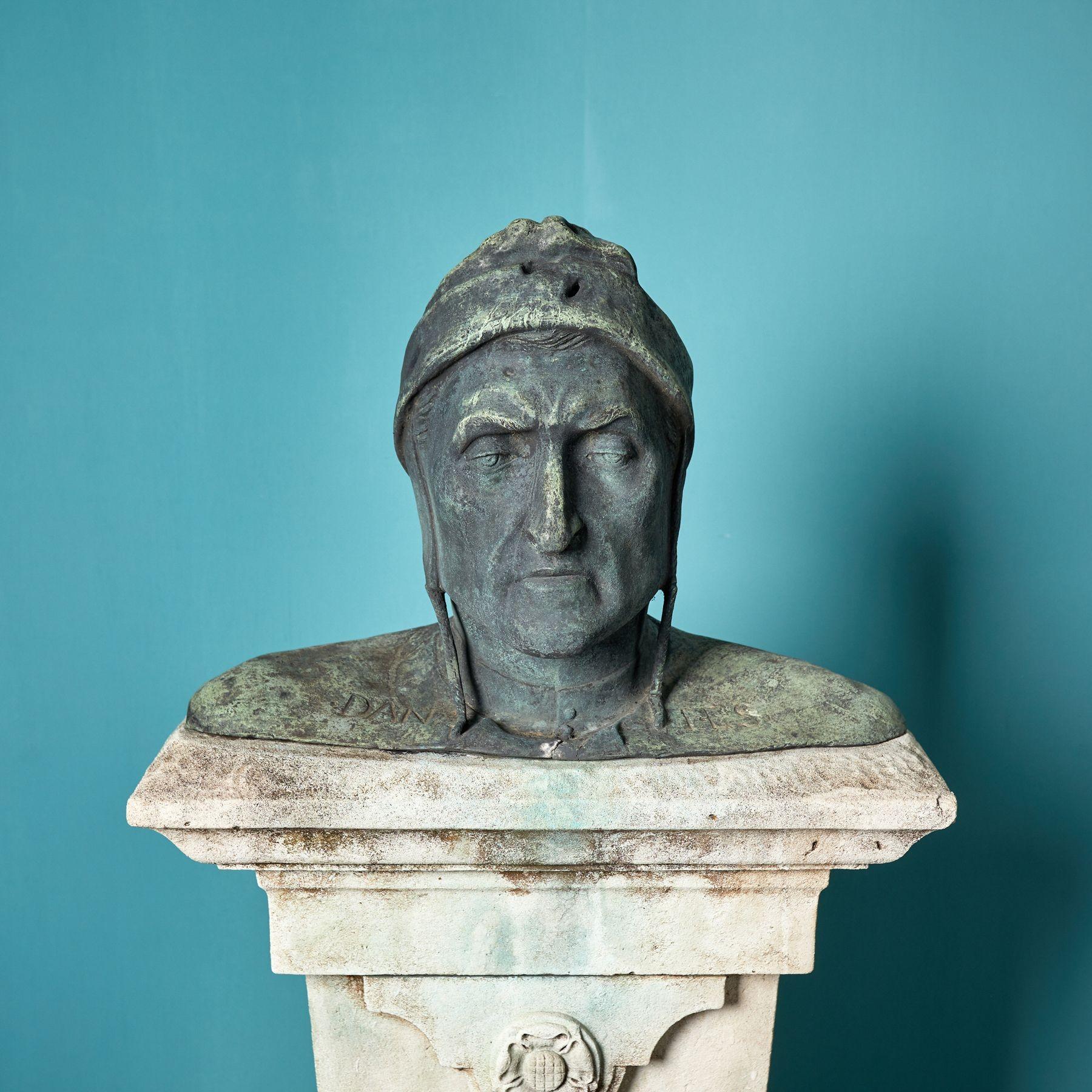 Antique Bronze Bust of Dante. A powerful bust of the Italian philosopher and poet, Dante, raised on a Limestone pedestal. The Italian poet and scholar Dante Alighieri is best known for his masterpiece La Commedia (The Divine Comedy). This is