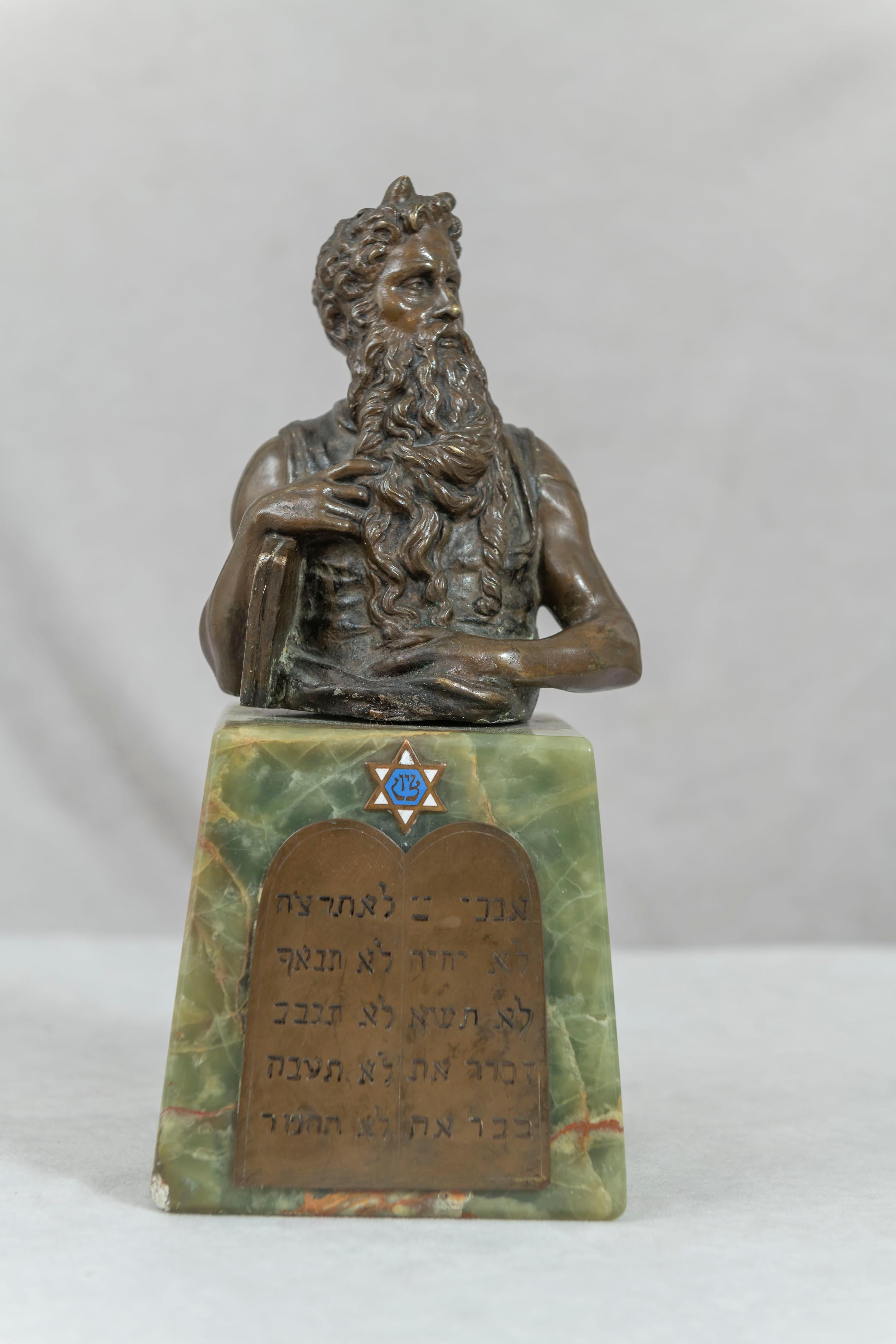 Early 20th Century Antique Bronze Bust of Moses Mounted on Onyx with Plaque of 10 Commandments