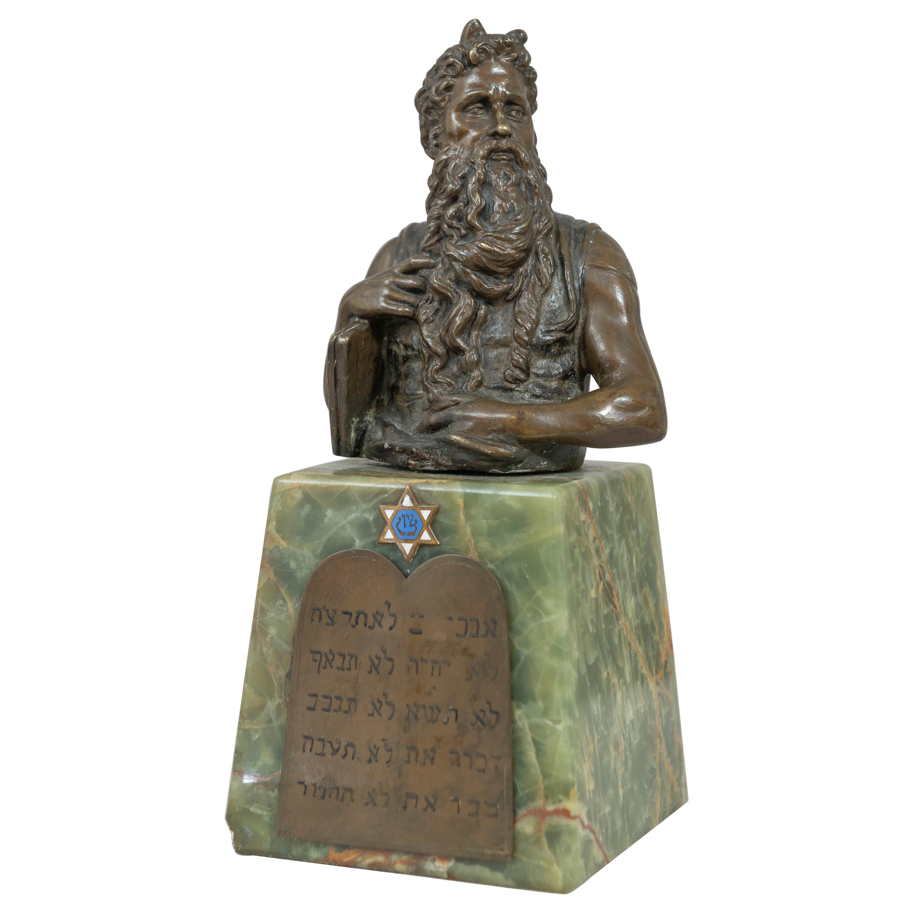 Antique Bronze Bust of Moses Mounted on Onyx with Plaque of 10 Commandments