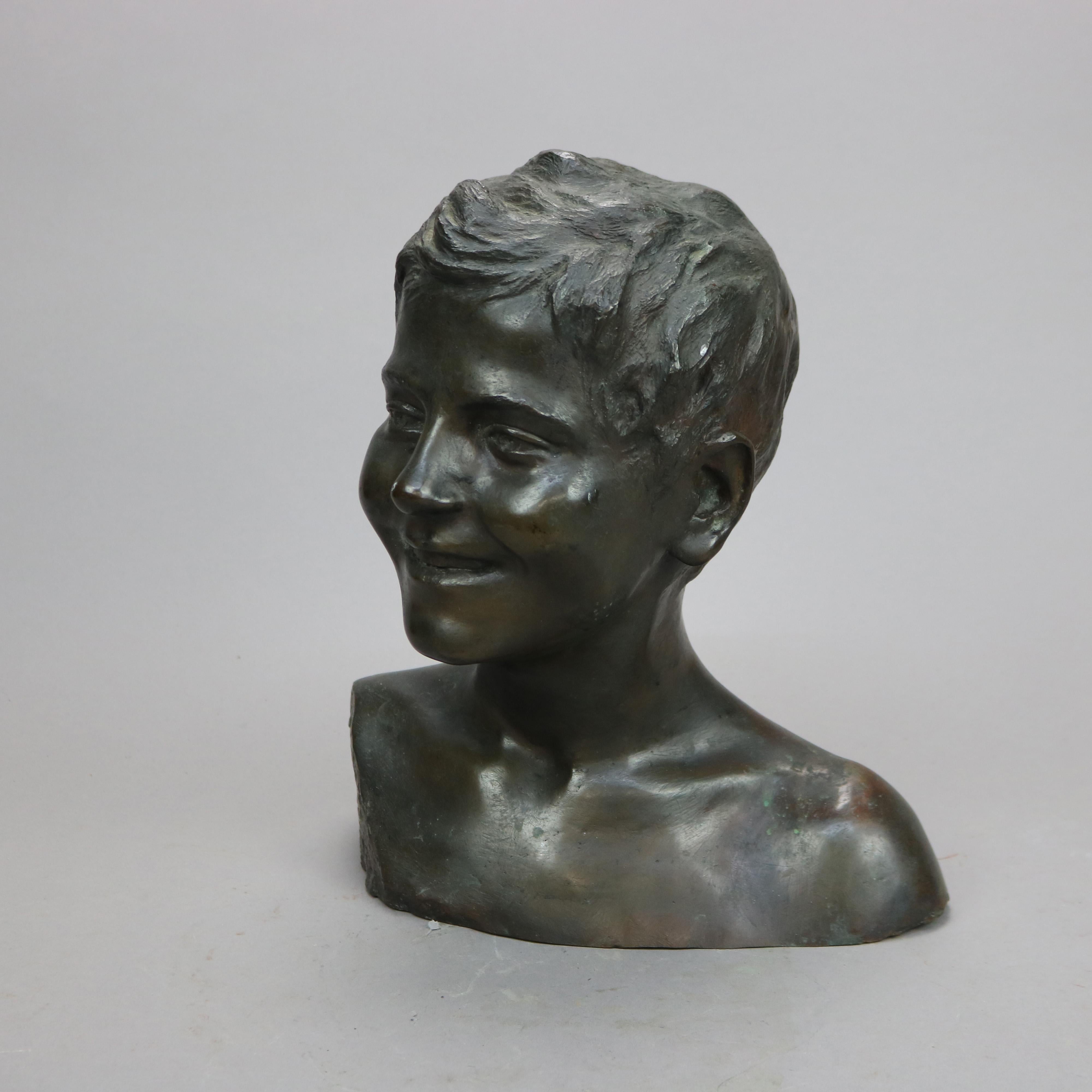 Cast Antique Bronze Bust Portrait Sculpture of a Young Boy, circa 1900