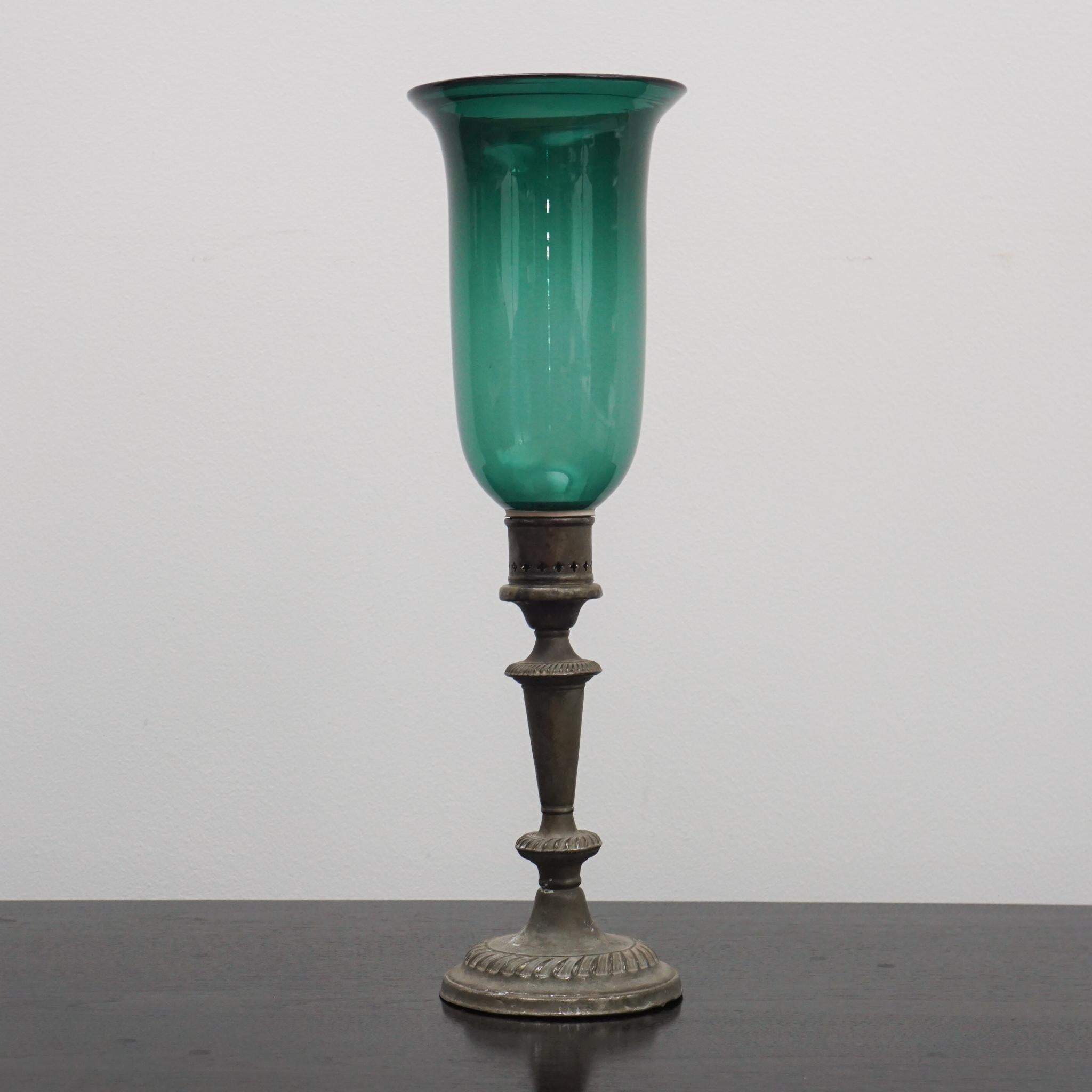 Antique Bronze Candle Holders with Glass Shades For Sale 7