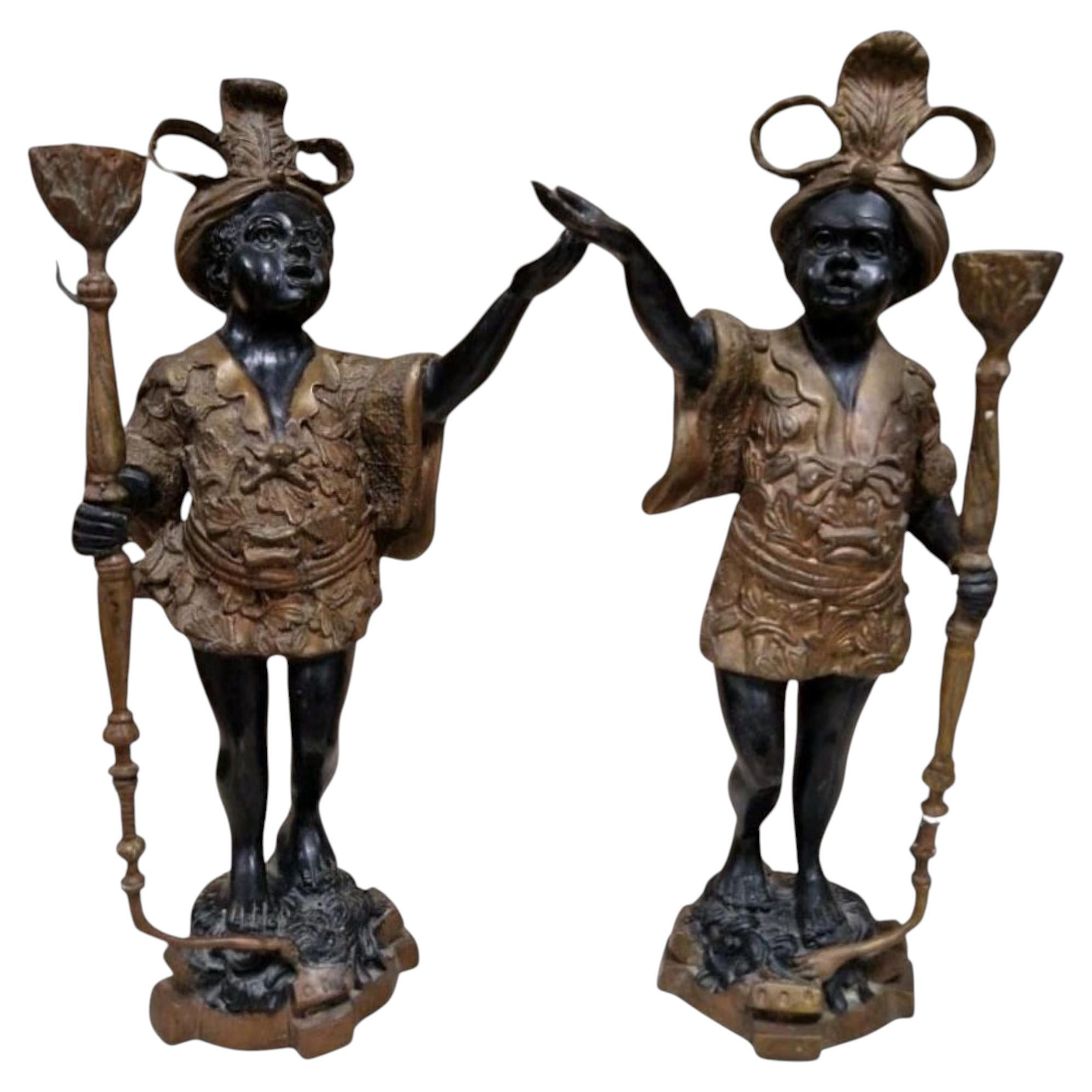 Antique Bronze Candlesticks, Venetian Style, Art Nouveau, Italy, 1910