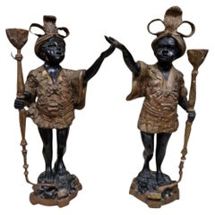 Antique Bronze Candlesticks, Venetian Style, Art Nouveau, Italy, 1910
