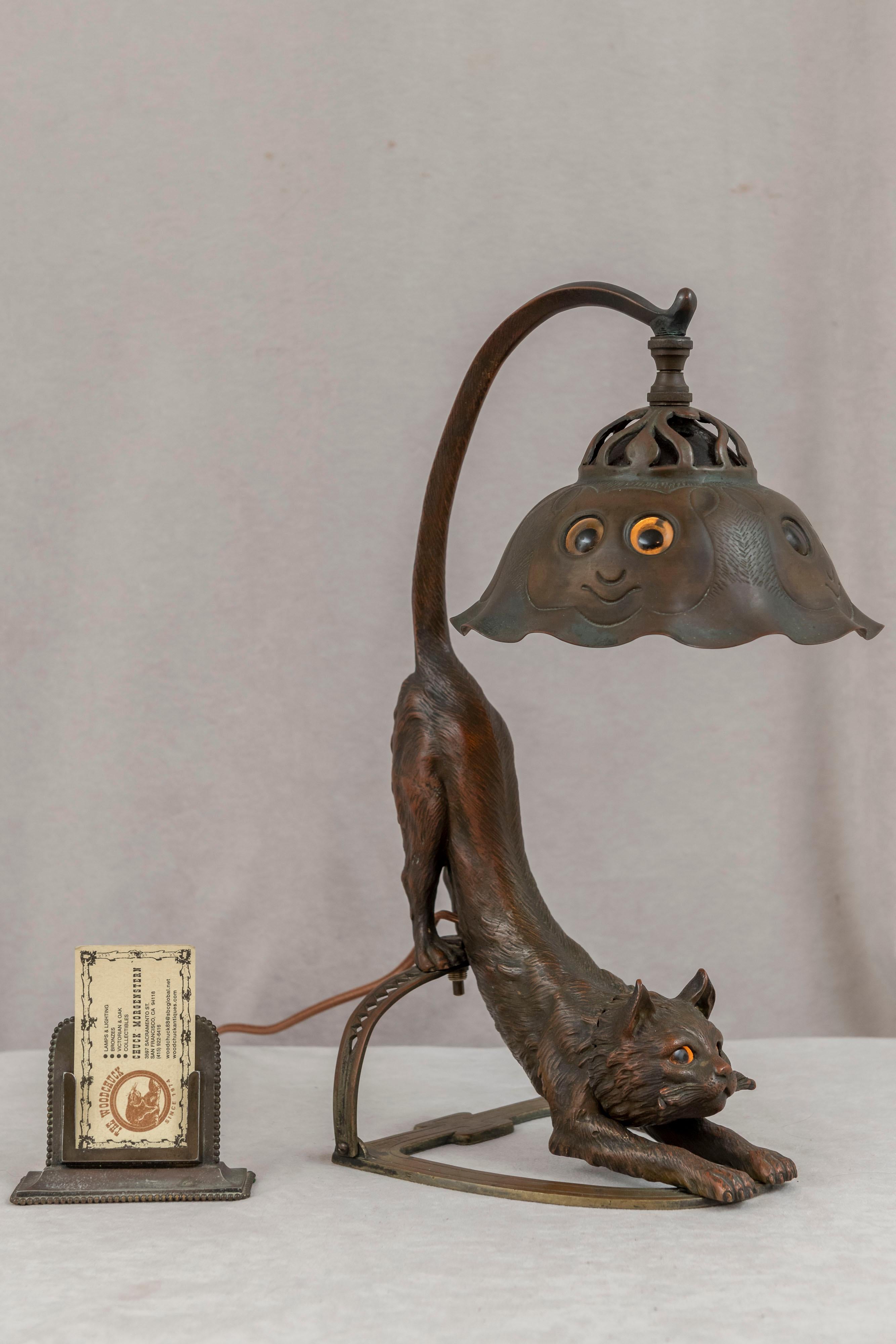 Antique Bronze Cat Lamp on all Fours, Cat Faces on Shade, German ca.  1900 1