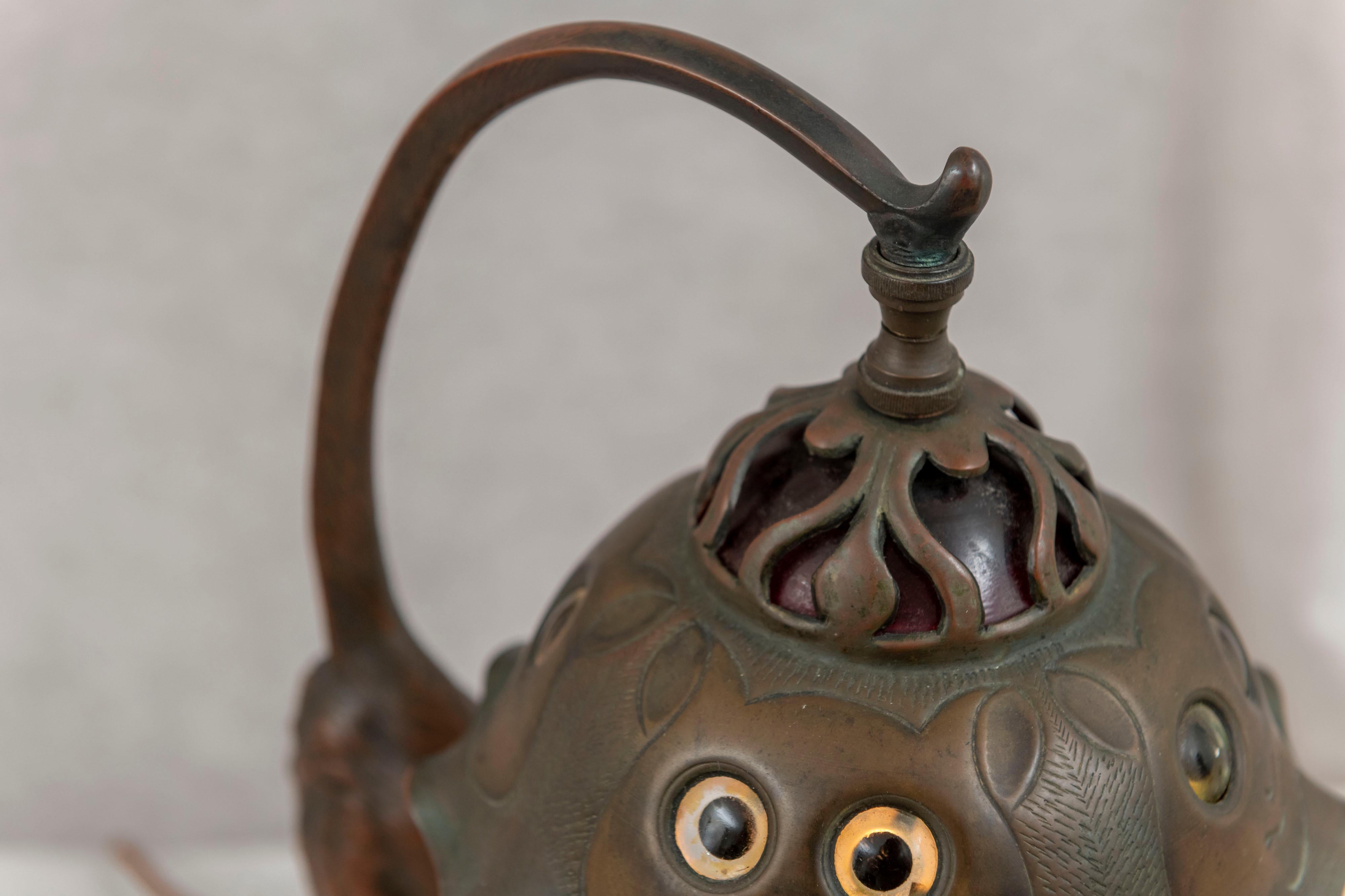 Art Nouveau Antique Bronze Cat Lamp on all Fours, Cat Faces on Shade, German ca.  1900