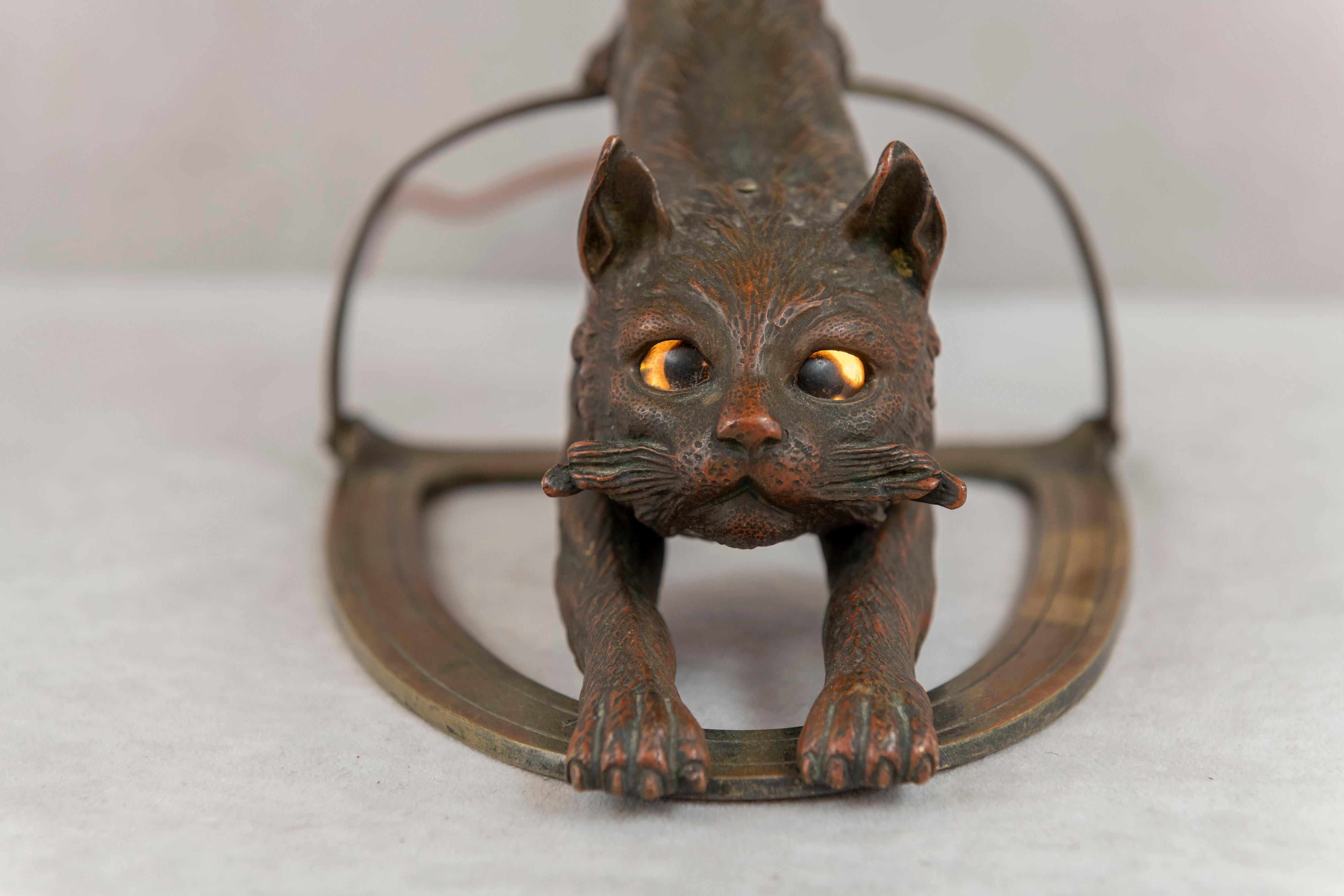 Hand-Crafted Antique Bronze Cat Lamp on all Fours, Cat Faces on Shade, German ca.  1900