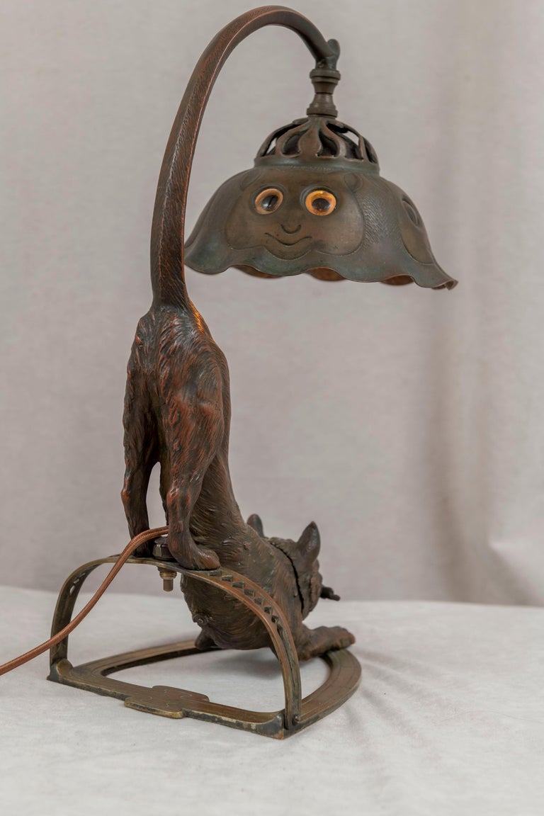 Antique Bronze Cat Lamp on all Fours, Cat Faces on Shade, German ca