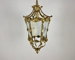 Antike Bronze-Deckenlaterne/Kronleuchter-Deckenleuchter-Tafeln aus geätztem Glas, Frankreich, 1900