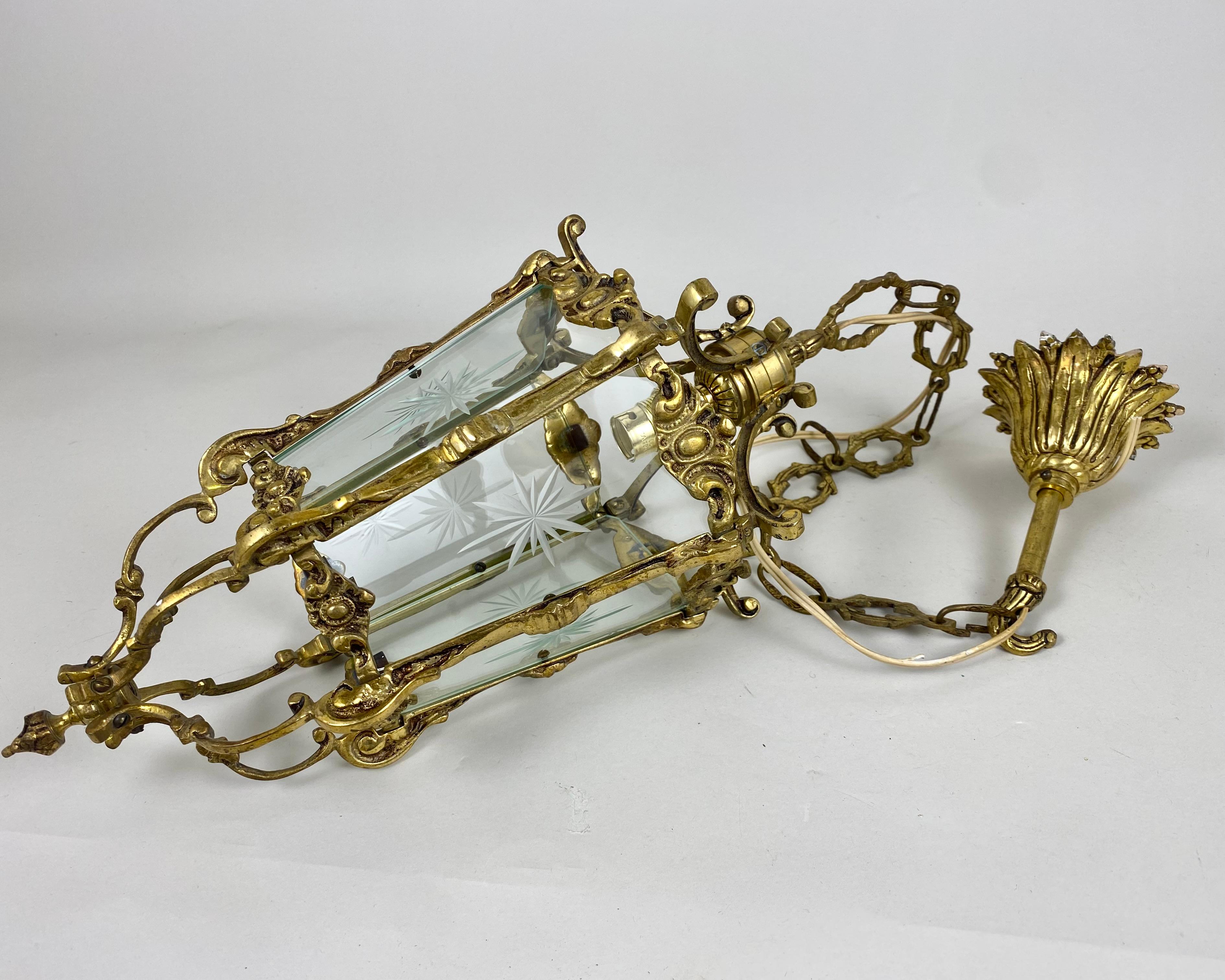 Empire Antique Bronze Ceiling Lantern/Chandelier Etched Glass Panels, France, 1900