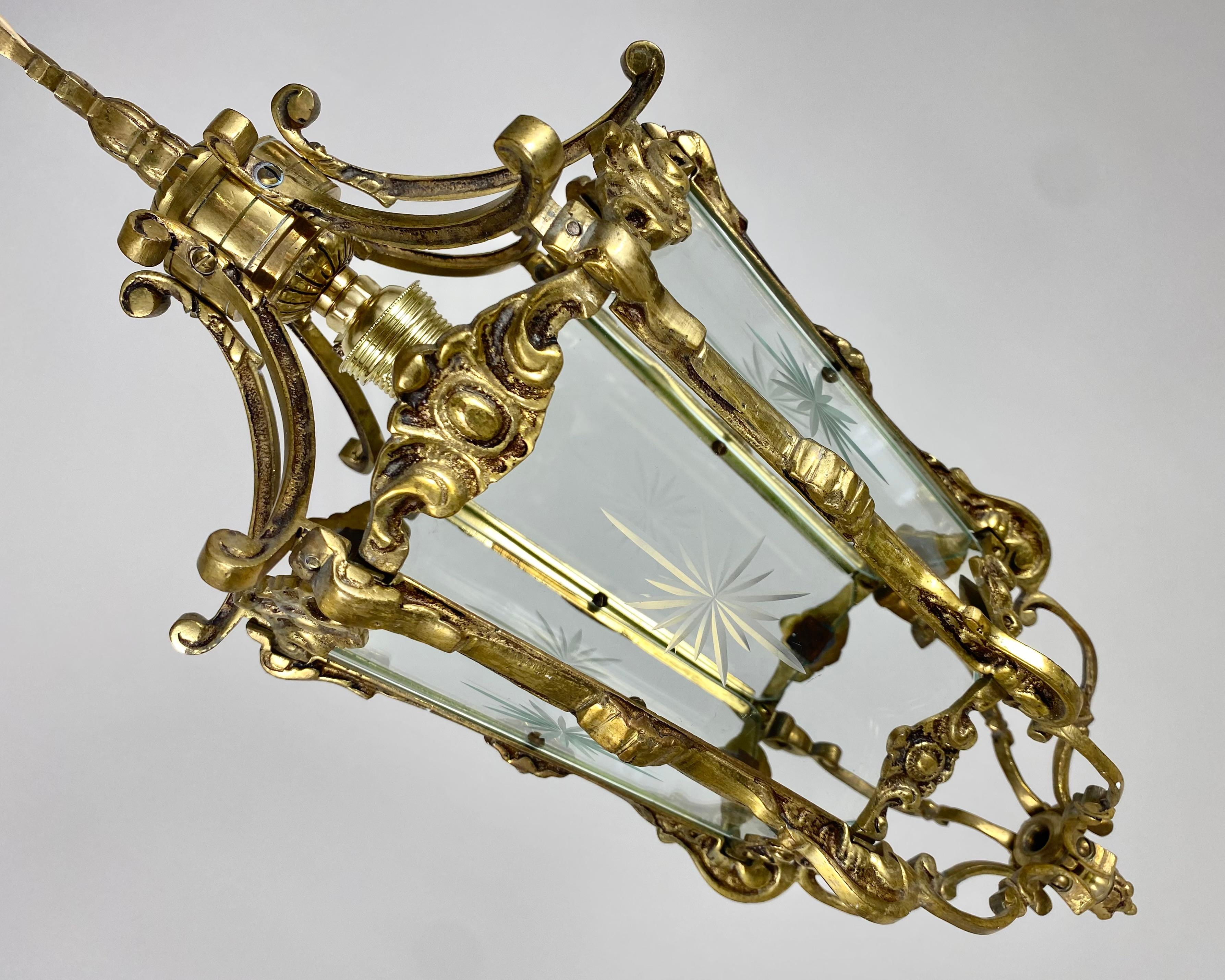 French Antique Bronze Ceiling Lantern/Chandelier Etched Glass Panels, France, 1900