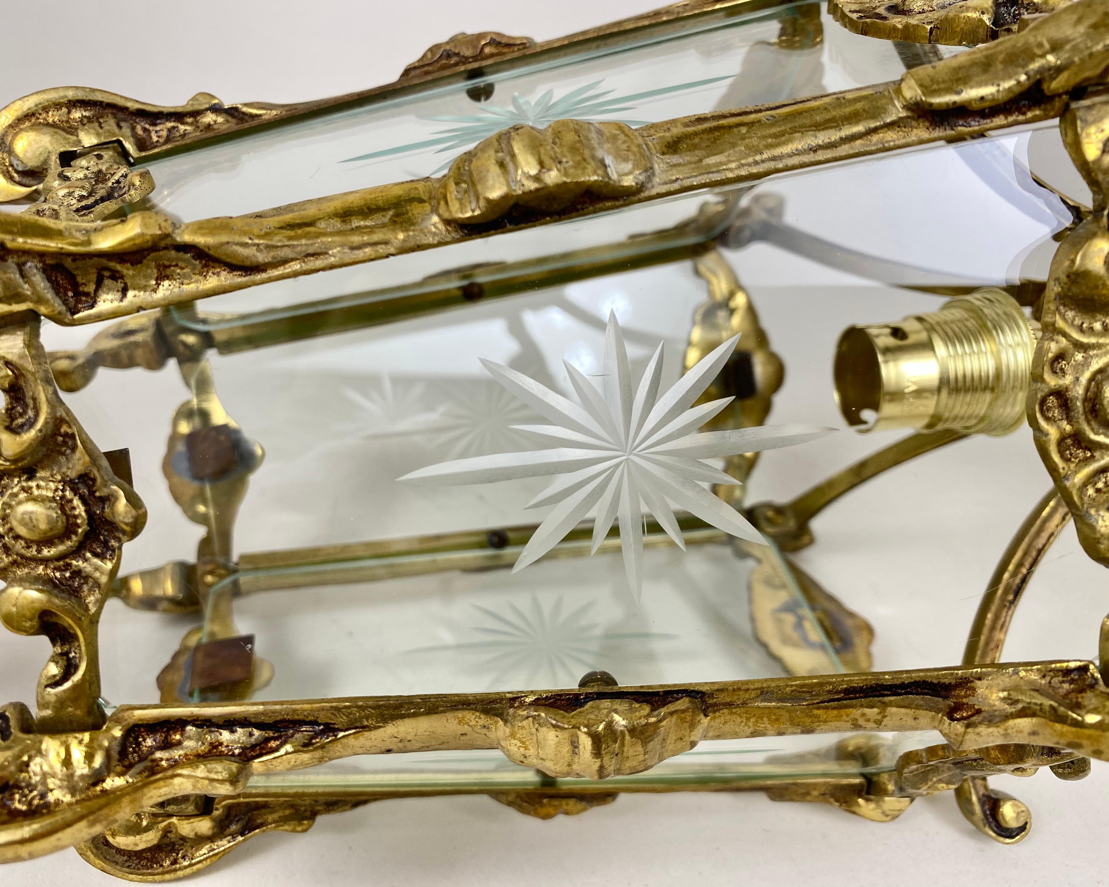 Early 20th Century Antique Bronze Ceiling Lantern/Chandelier Etched Glass Panels, France, 1900