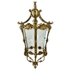 Antique Bronze Ceiling Lantern/Chandelier Etched Glass Panels, France, 1900
