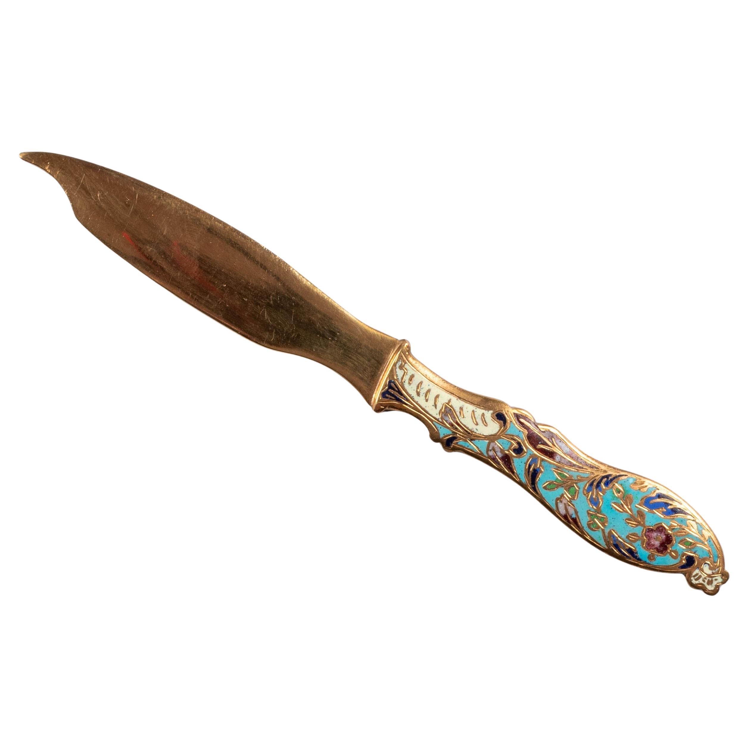 Antique Bronze Champlevé Enamel Blue White Red Gold Letter Opener Desk Accessory For Sale