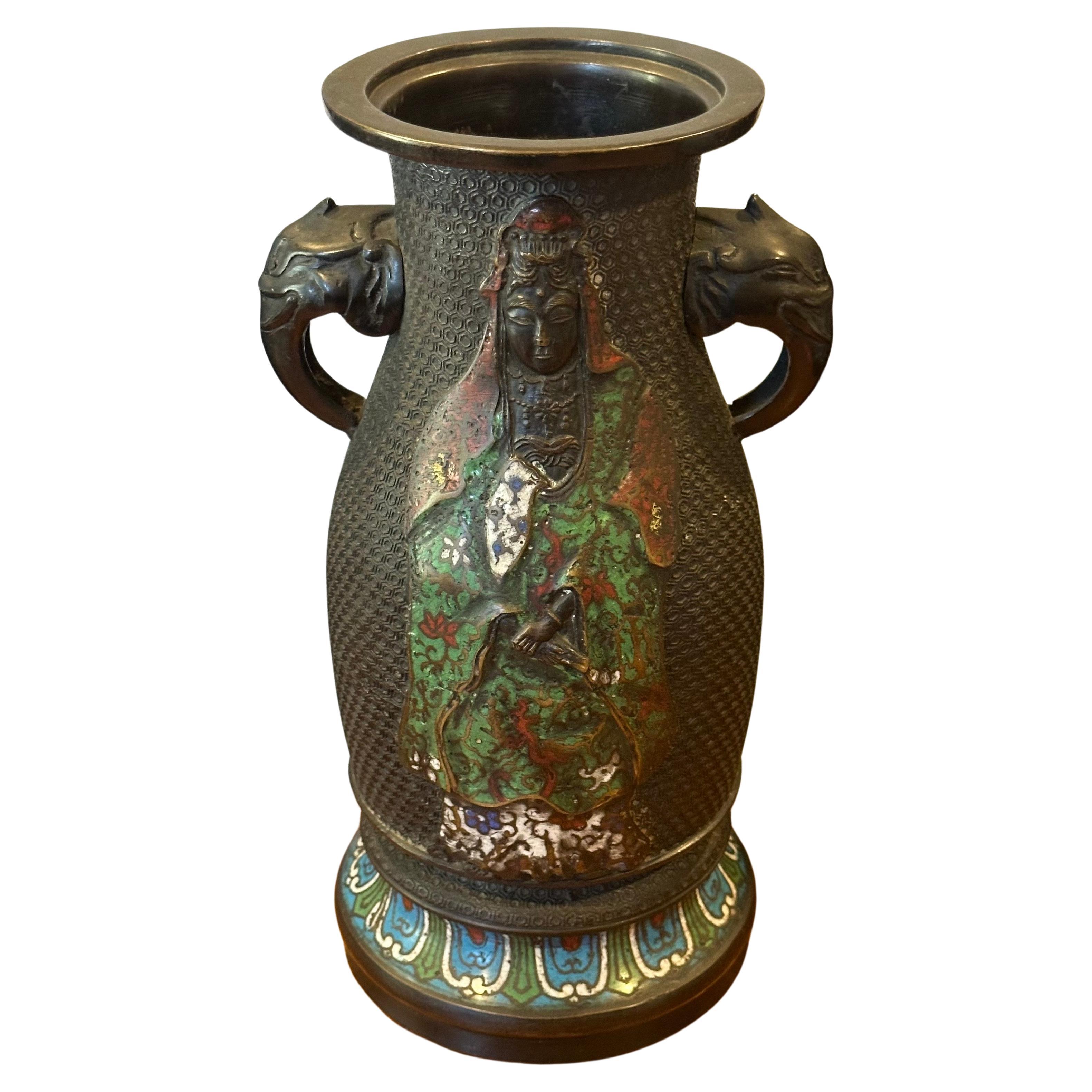 Antique Bronze Champlevé Vase with Elephant Handles