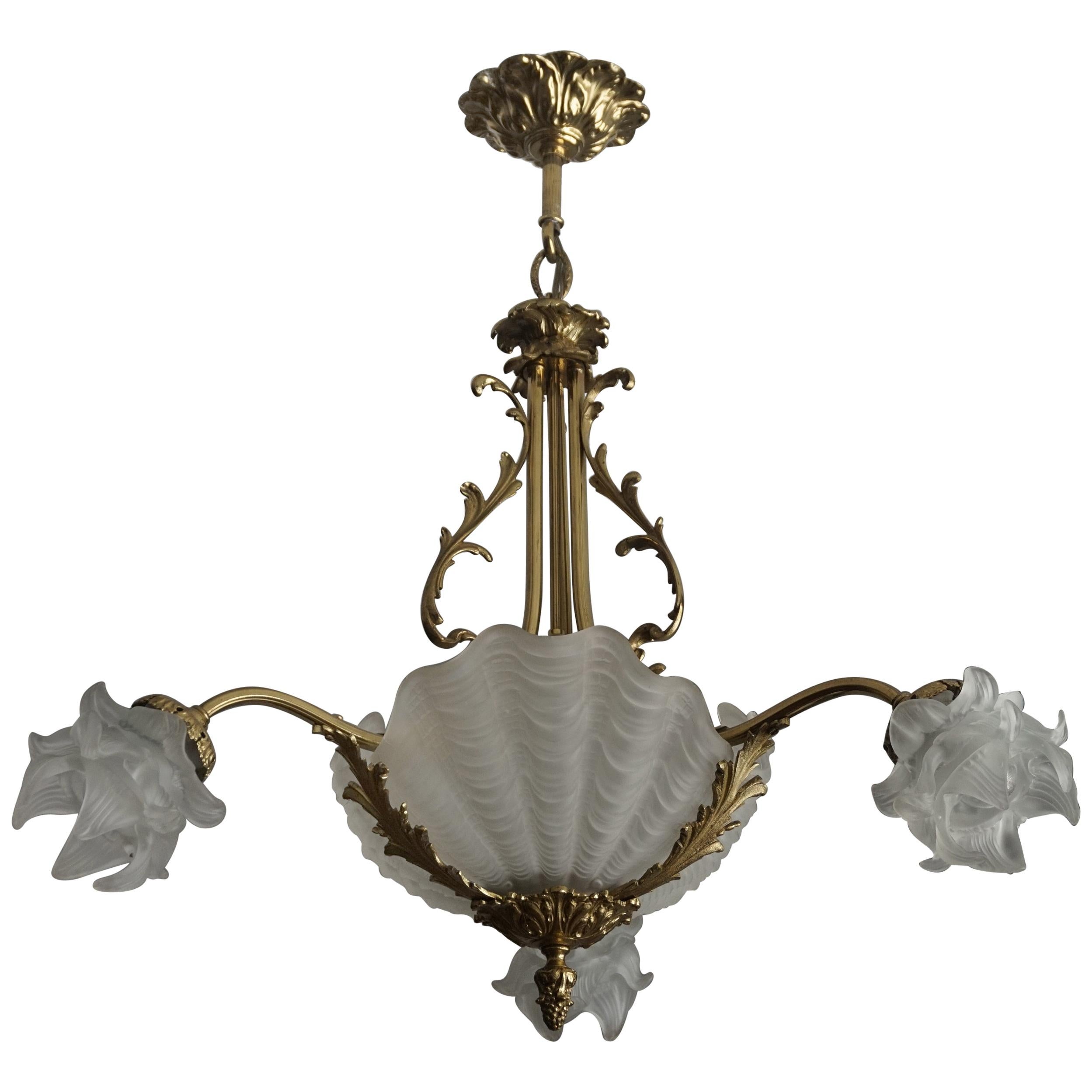 Antique Bronze Chandelier or Pendant Light with Glass Scallop Shell Shades, 1920