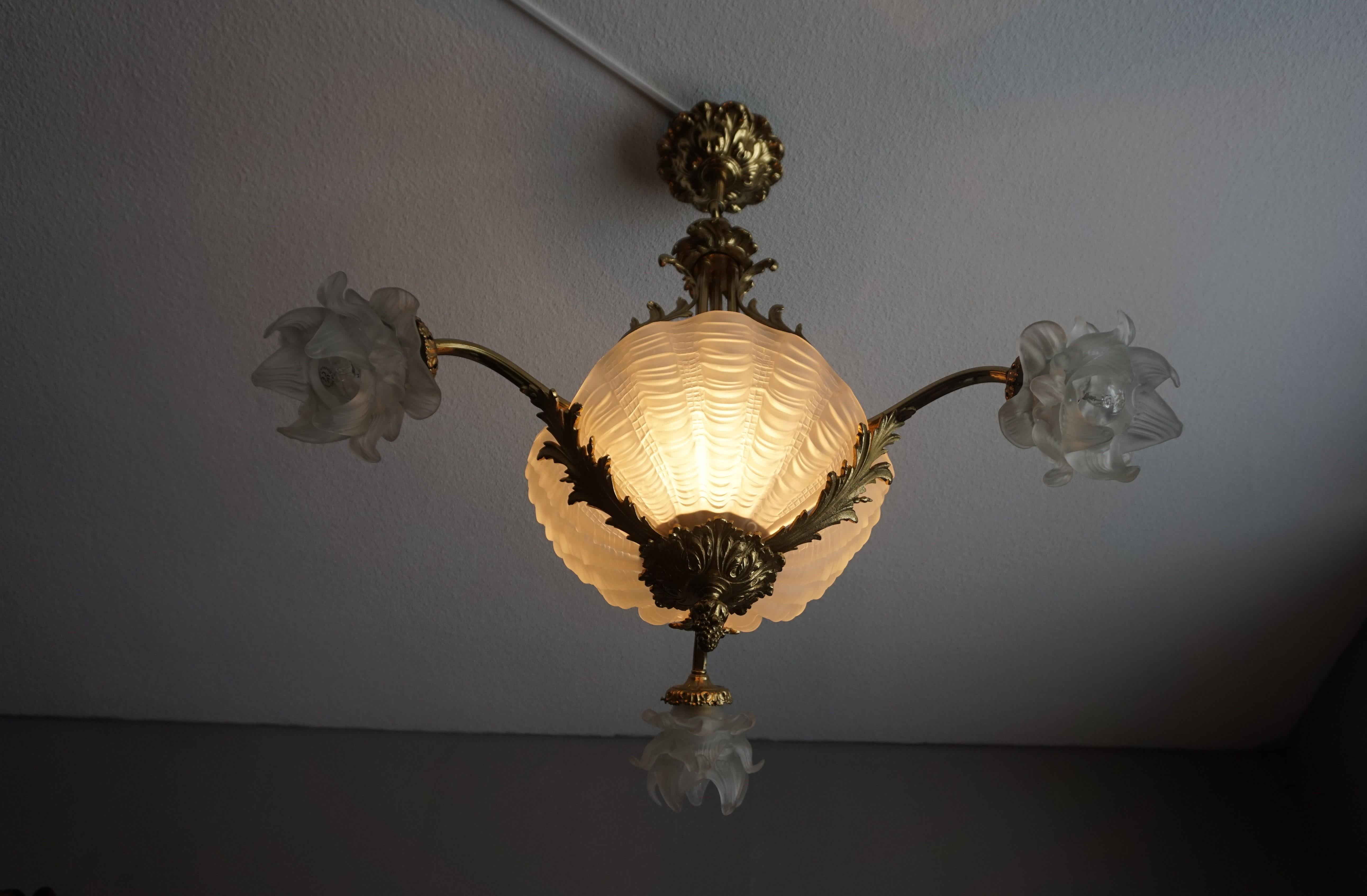 Antique Bronze Chandelier or Pendant Light with Glass Scallop Shell Shades, 1920 For Sale 2