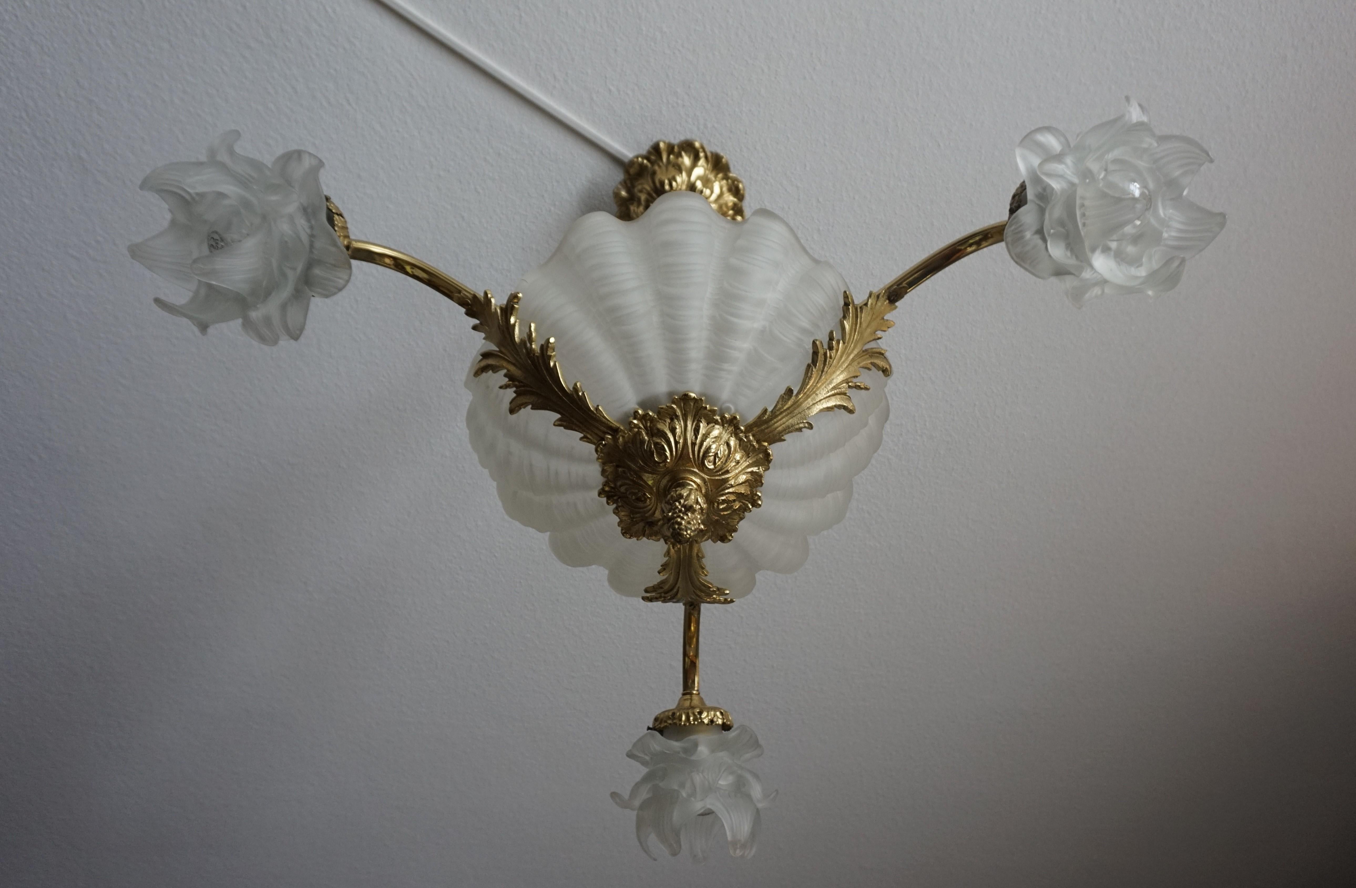 Antique Bronze Chandelier or Pendant Light with Glass Scallop Shell Shades, 1920 For Sale 3