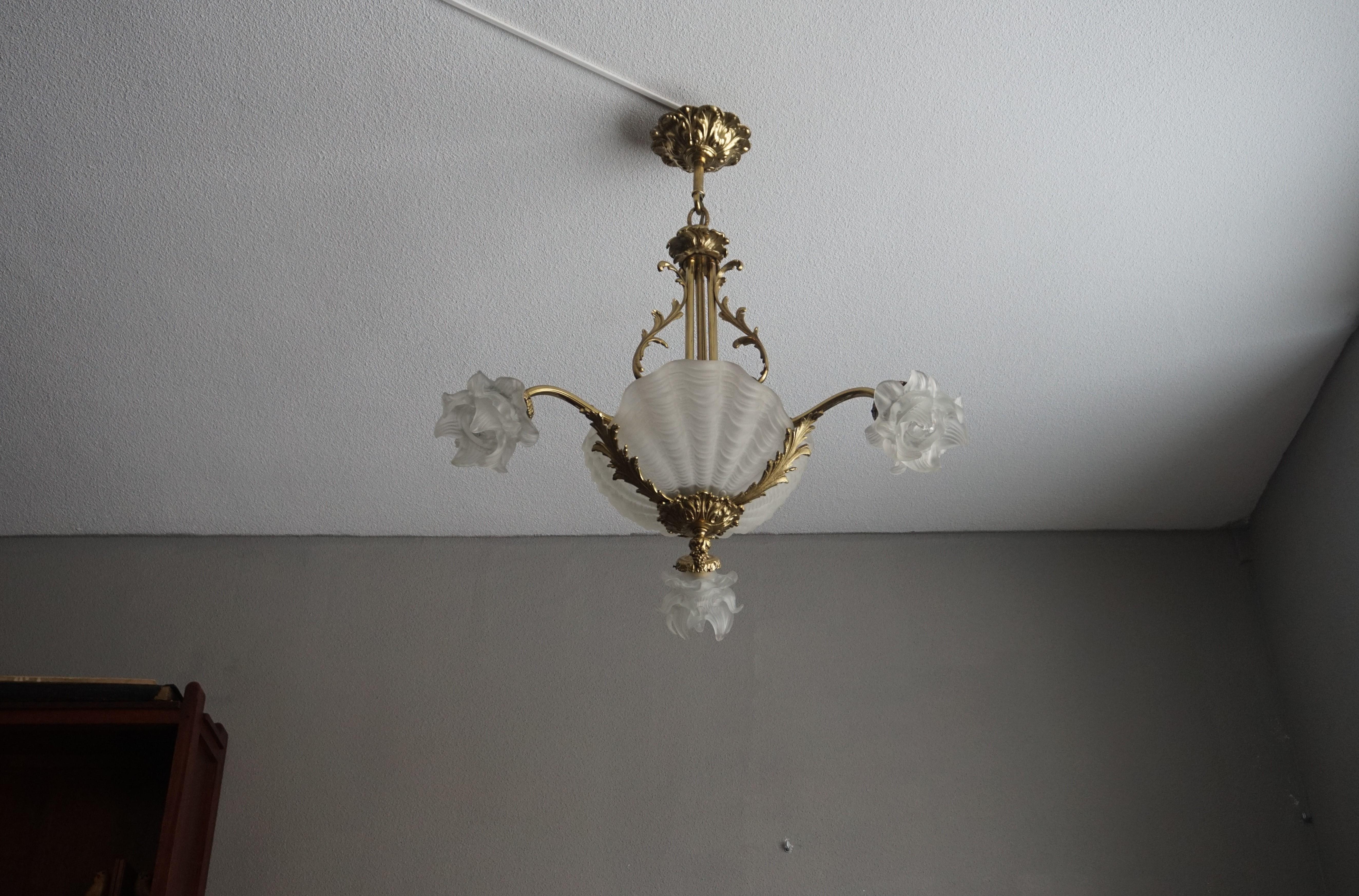 Antique Bronze Chandelier or Pendant Light with Glass Scallop Shell Shades, 1920 For Sale 6