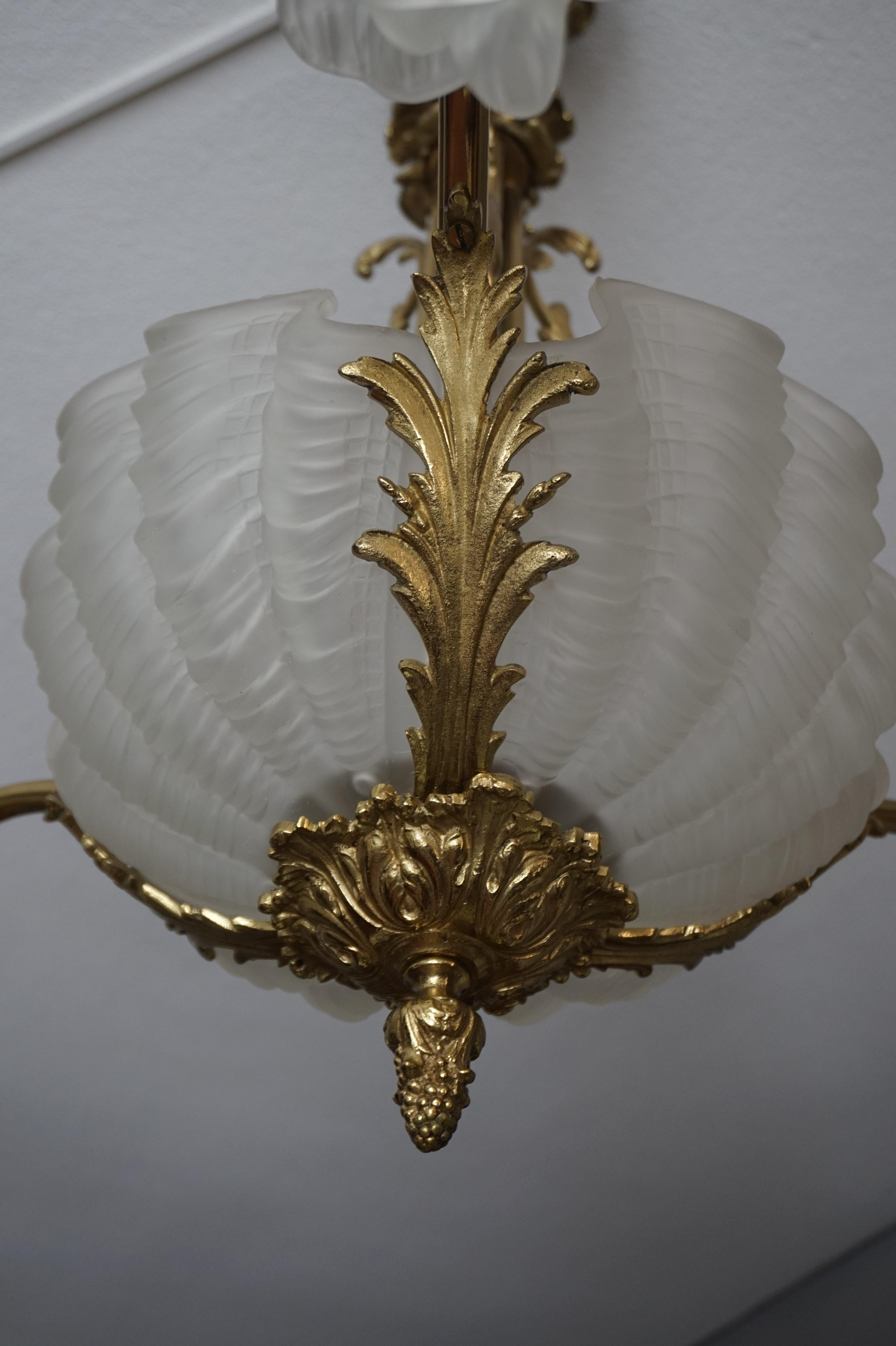 Antique Bronze Chandelier or Pendant Light with Glass Scallop Shell Shades, 1920 For Sale 7