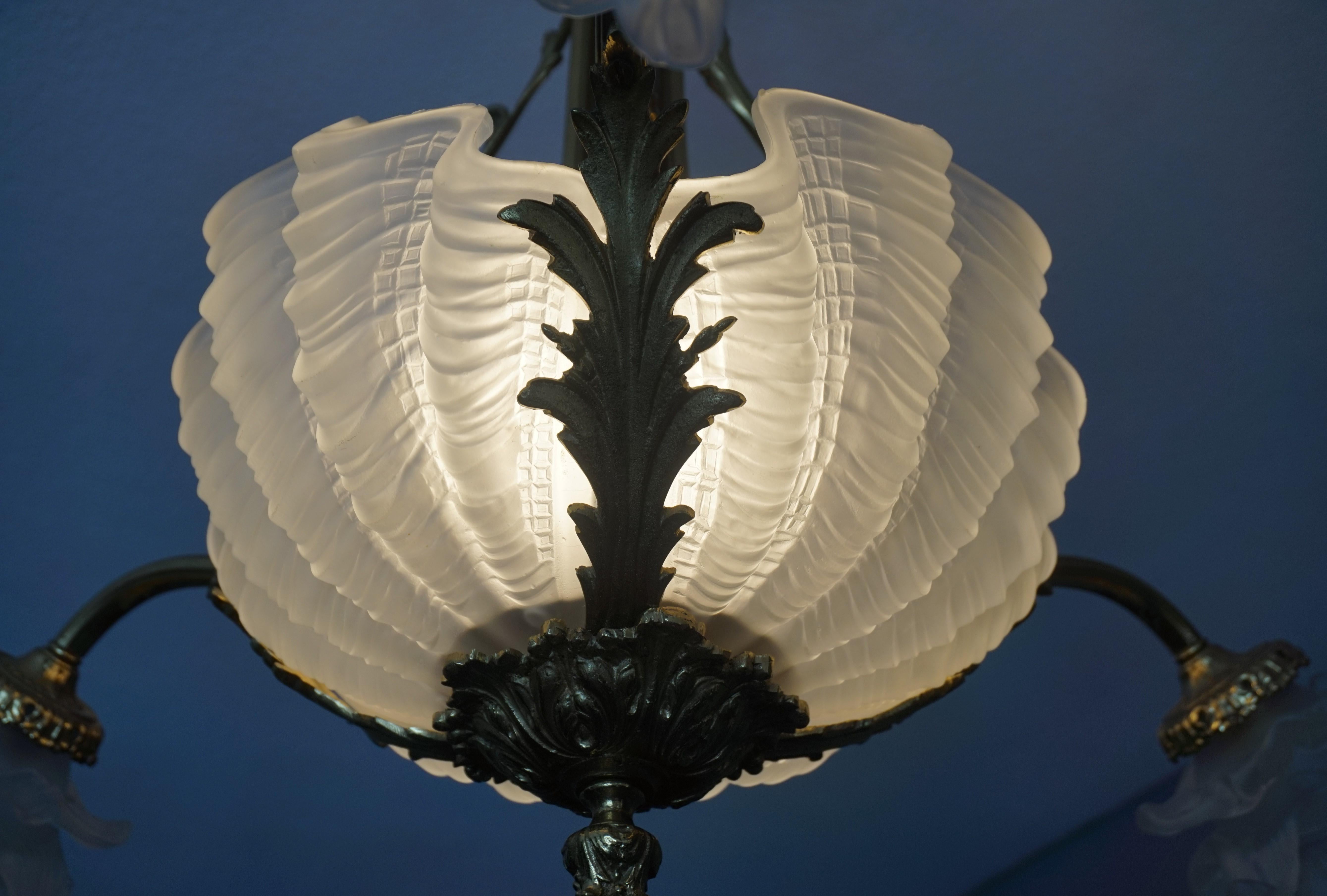 Antique Bronze Chandelier or Pendant Light with Glass Scallop Shell Shades, 1920 For Sale 8