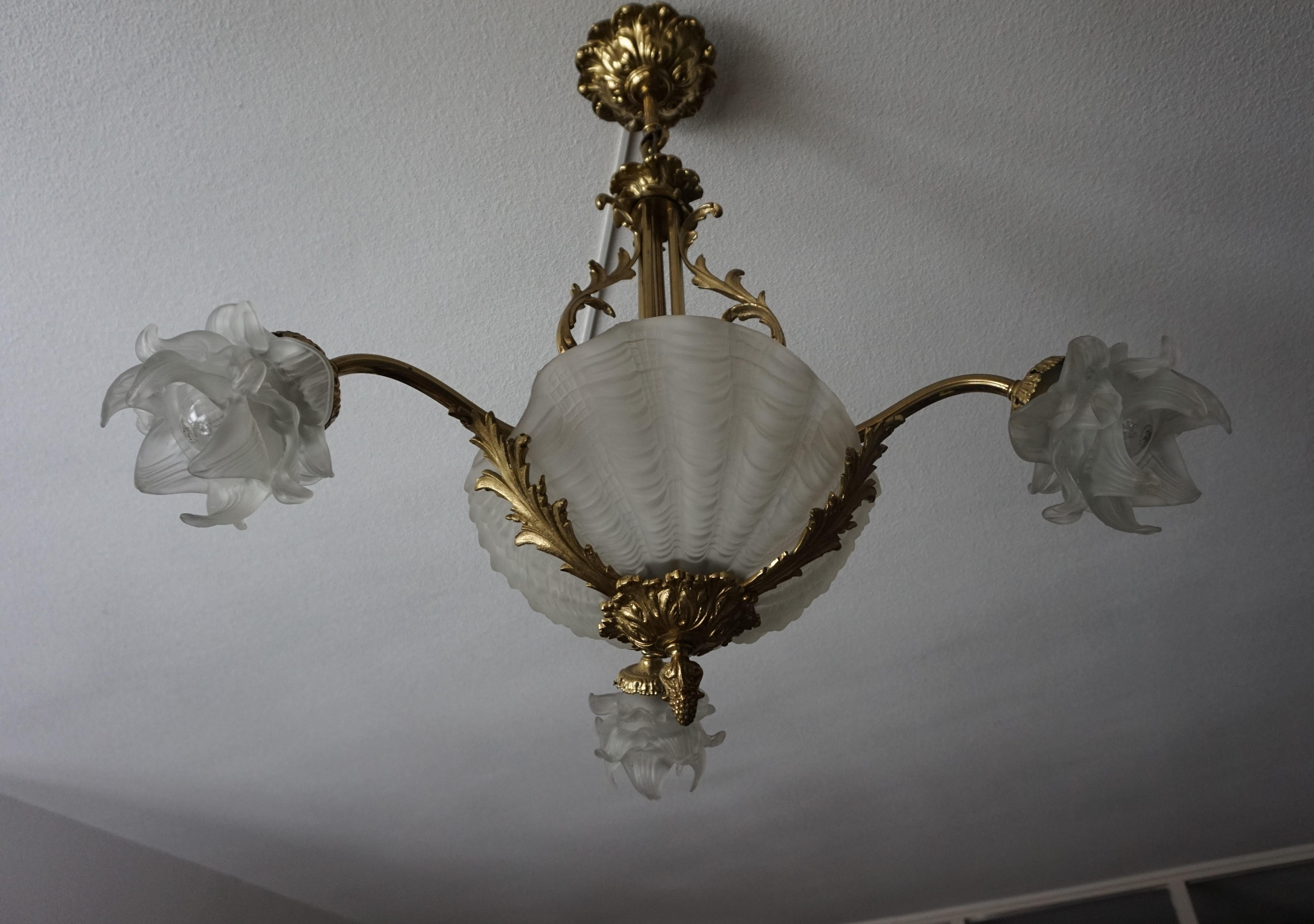 Antique Bronze Chandelier or Pendant Light with Glass Scallop Shell Shades, 1920 For Sale 10