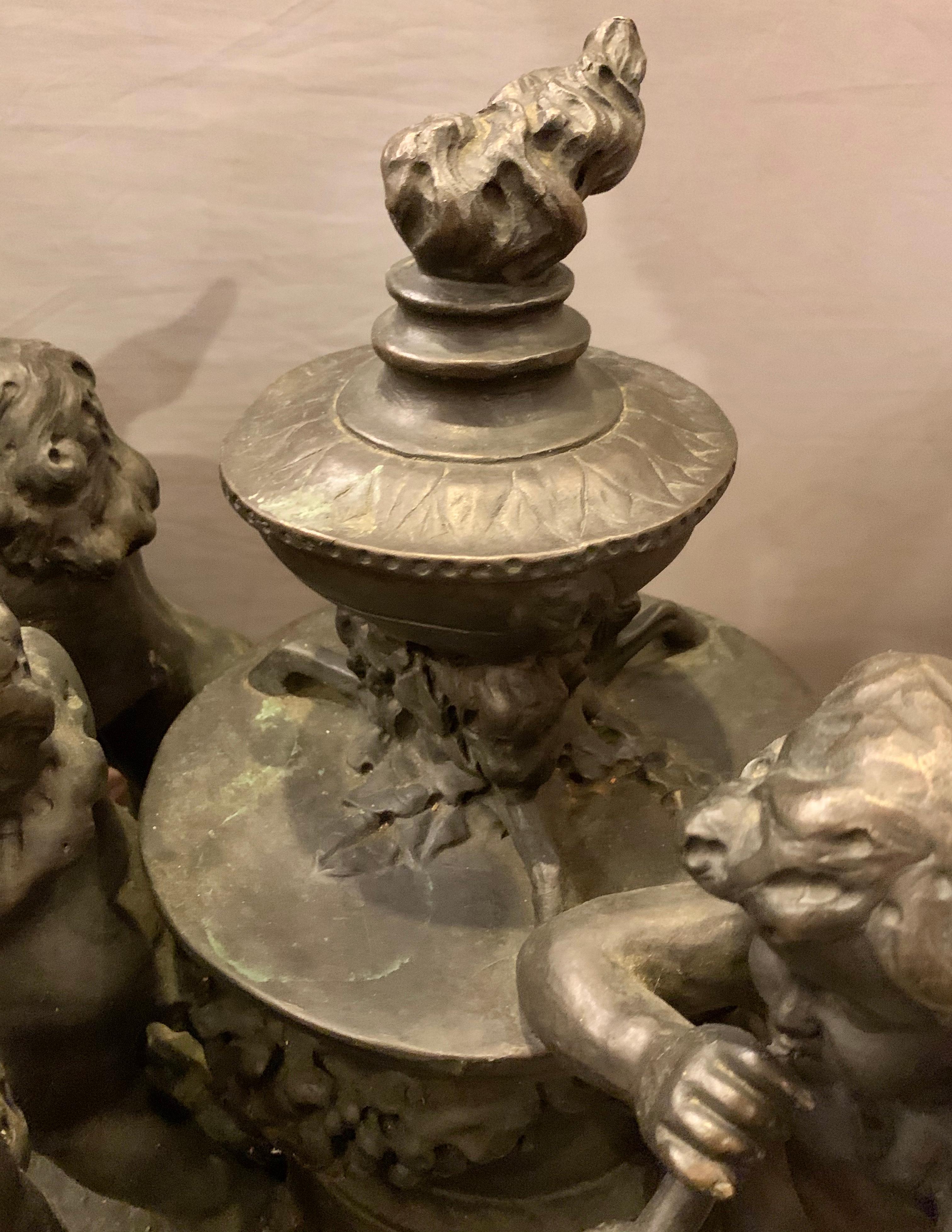 Antique Bronze Cherub Group Sculpture or Centerpiece of Drunken Playing Cherubs 3